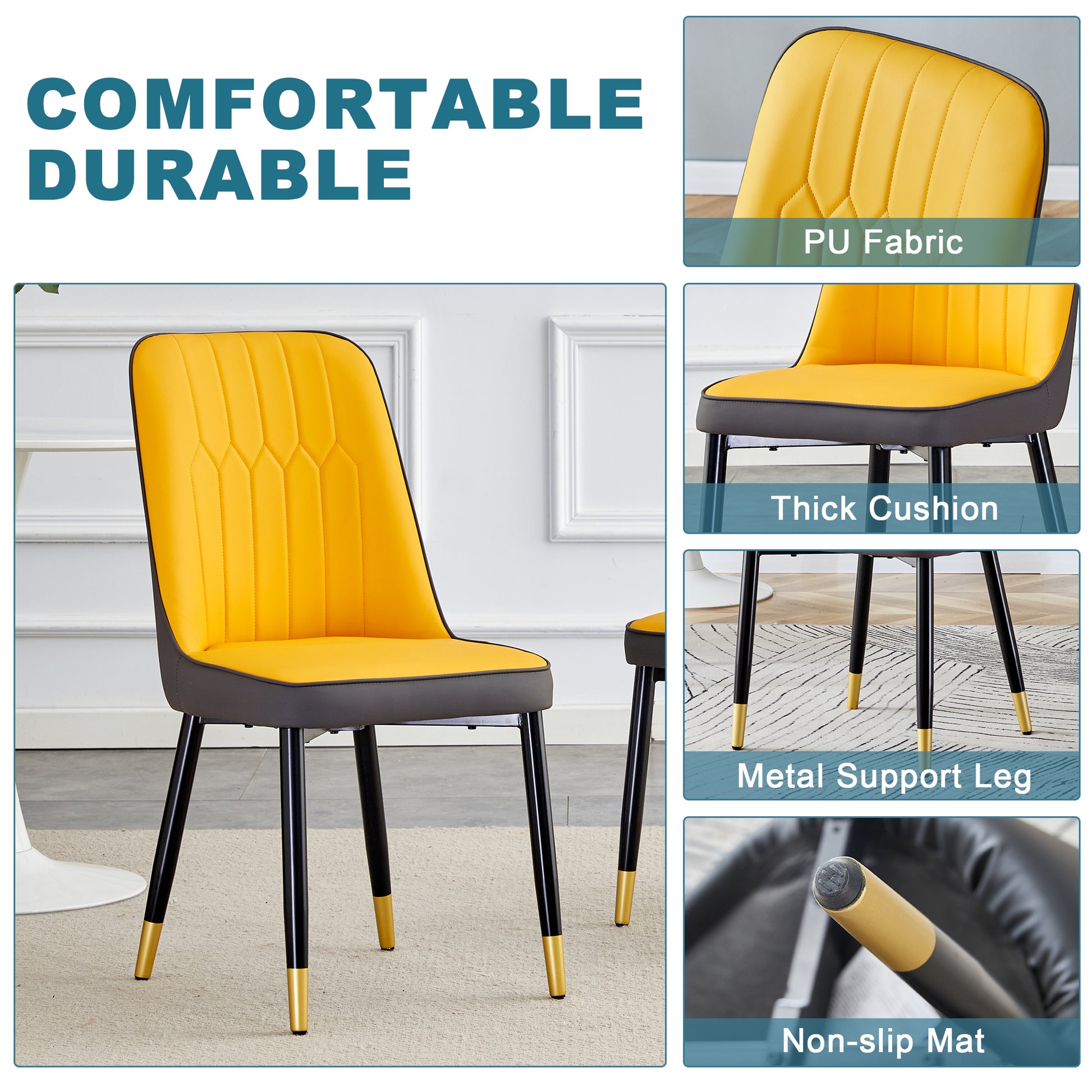 Table And Chair Set.This Modern Dining Table With Mdf Marbled Design Gives You A Luxurious And Elegant Feel.Paired With Multiple Chairs With Pu Artificial Leather Backrest Cushions And Black Legs. Yellow Black Seats 4 Mdf