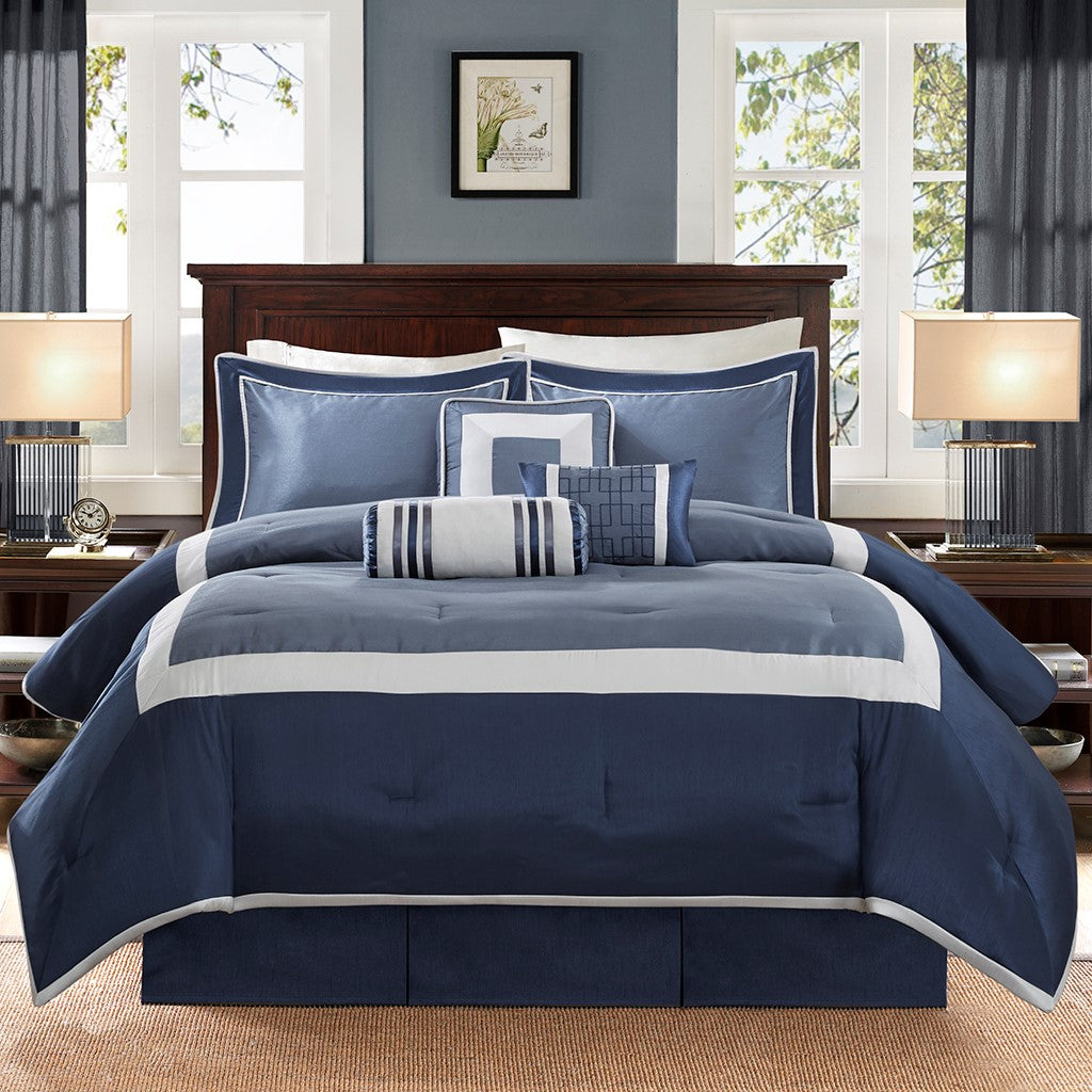 7 Piece Comforter Set Navy King King Navy Polyester