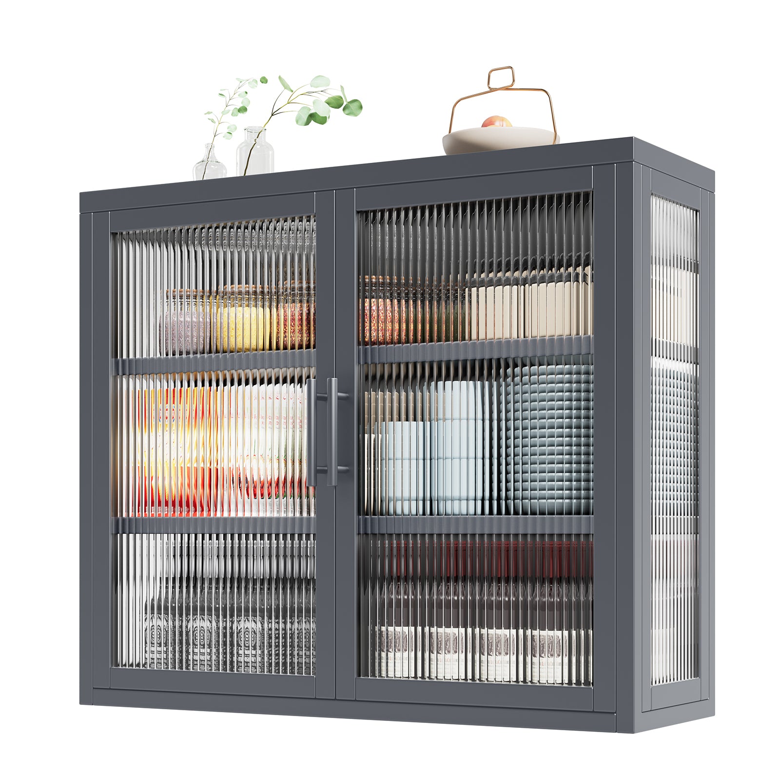 Retro Style Haze Double Glass Door Wall Cabinet With Detachable Shelves For Office, Dining Room,Living Room, Kitchen And Bathroom Grey Color Gray Tempered Glass Sheet Metal Plastic