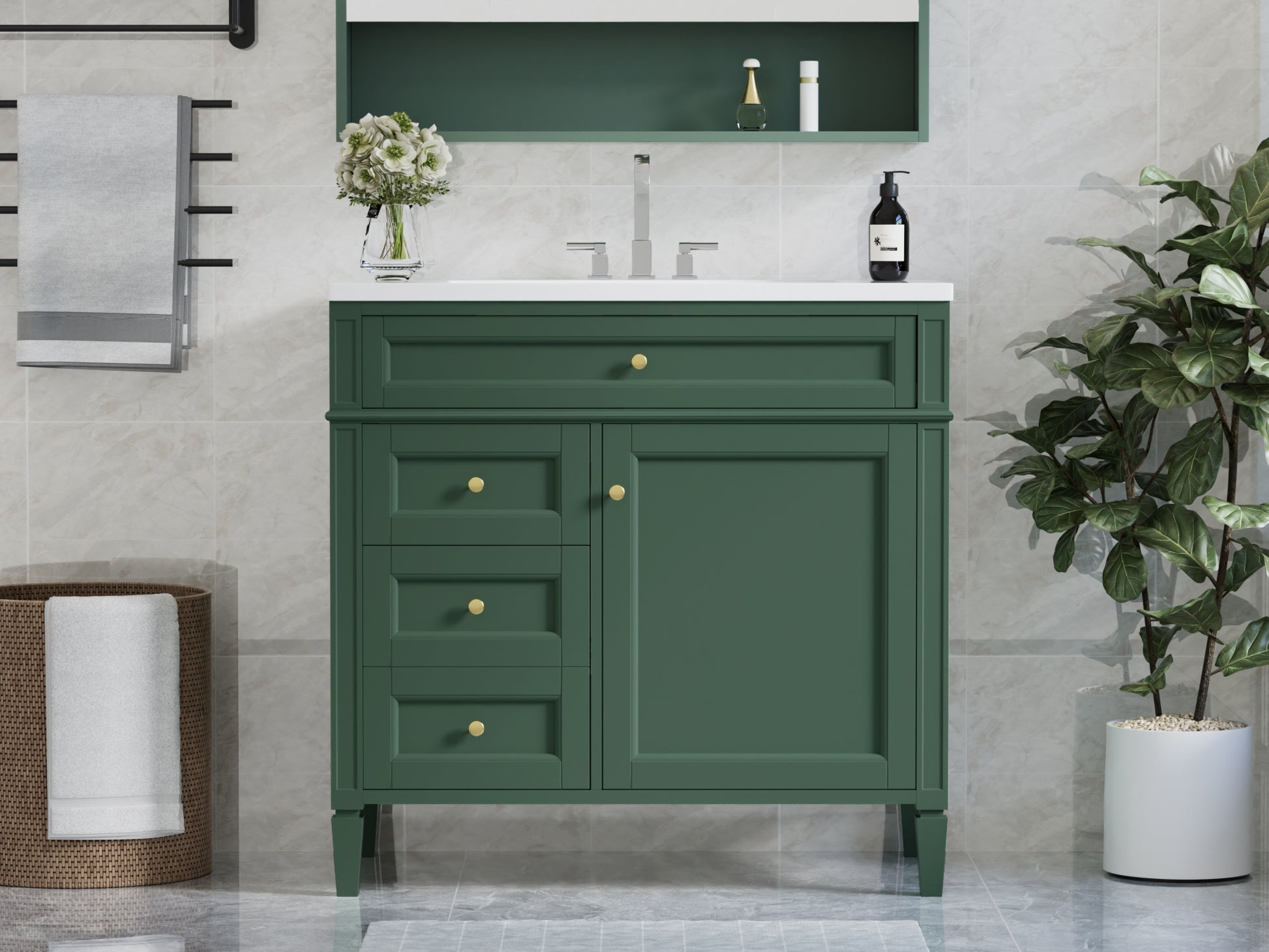 36'' Bathroom Vanity With Top Sink, Modern Bathroom Storage Cabinet With 2 Drawers And A Tip Out Drawer, Single Sink Bathroom Vanity 3 Green 1 1 Adjustable Hinges Bathroom Freestanding Solid Wood Mdf Resin Painted