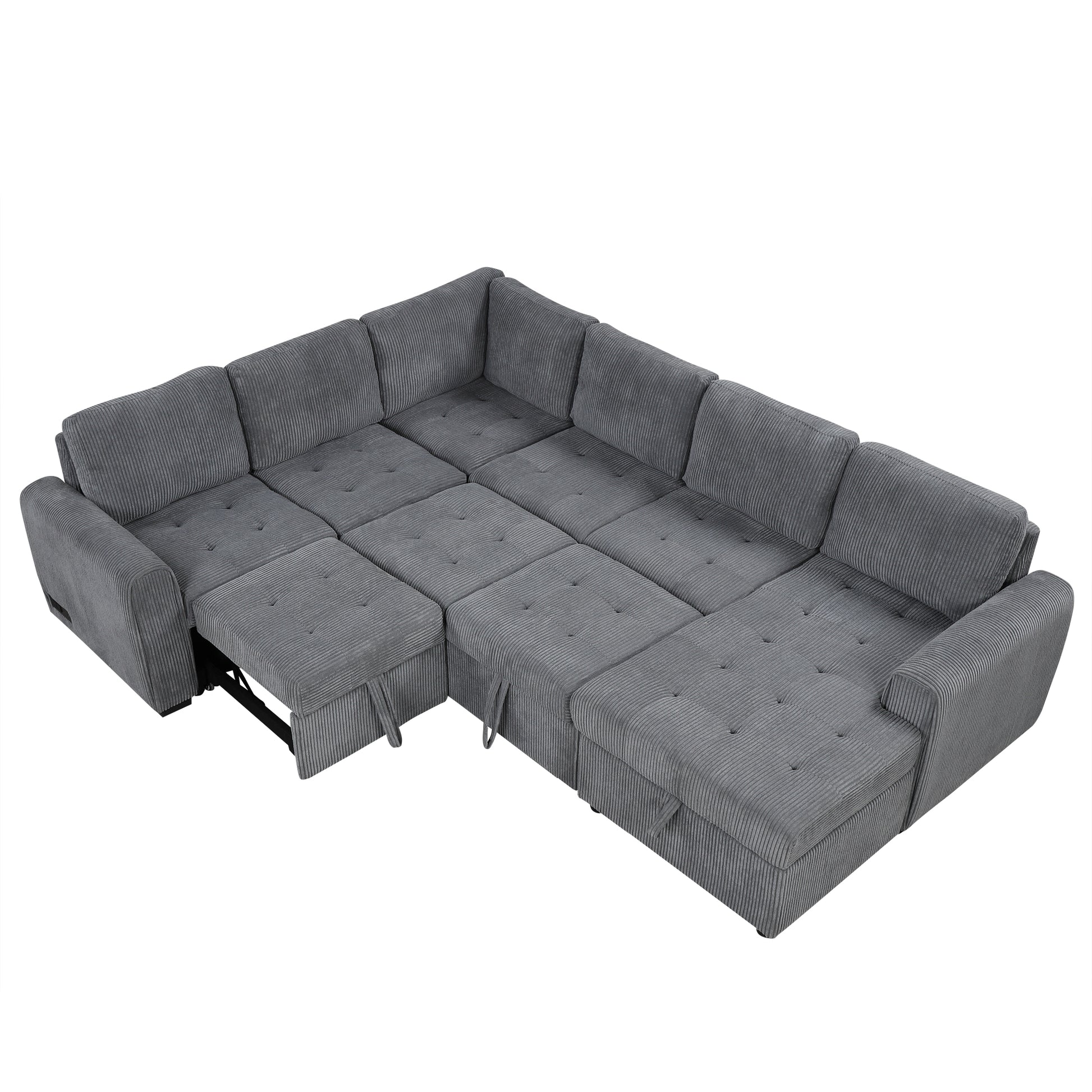 107.5" U Shaped Sofa Sectional Sofa Pull Out Sofa Bed With A Storage Chaise Lounge, Charging Devices For Living Room, Gray Gray Foam Corduroy 5 Seat