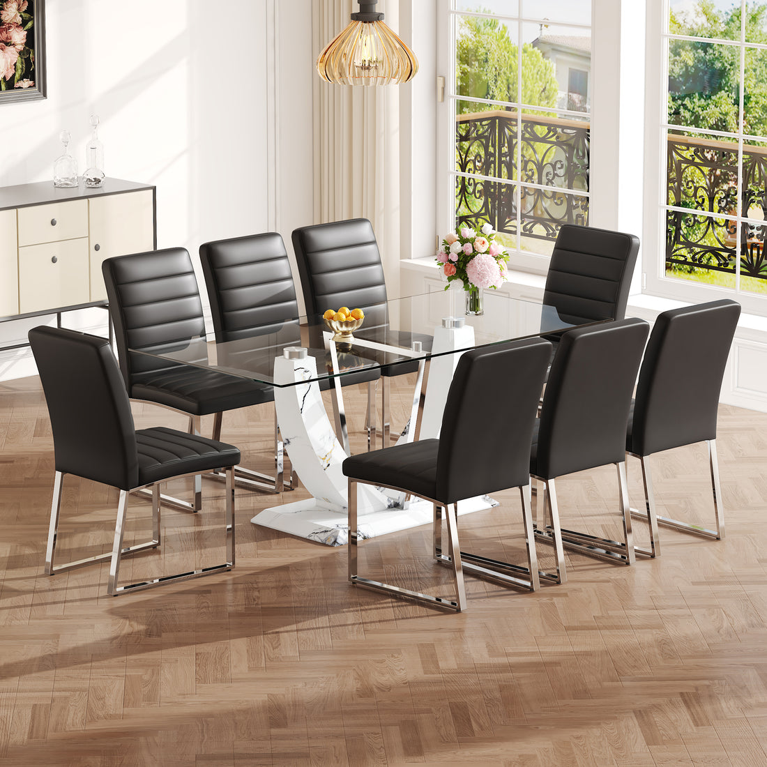 Table And Chair Set, Large Modern Rectangular Glass Table, Can Accommodate 6 8 People, Equipped With A 0.39 Inch Tempered Glass Tabletop And Mdf Table Legs.Paired With Comfortable And Soft Chairs. Black Mdf Glass