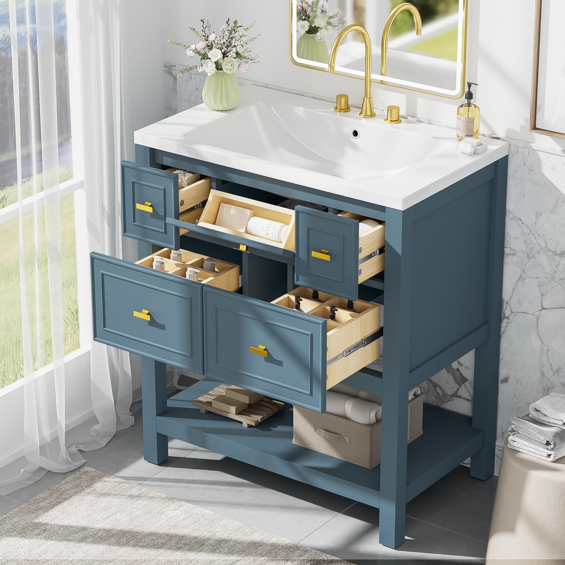 30'' Bathroom Vanity With Resin Sink Combo, Free Standing Single Vanity Set With 5 Drawers, Solid Wood Frame Bathroom Storage Cabinet, Blue 4 Blue 1 Bathroom Freestanding Modern Solid Wood Mdf Resin Painted