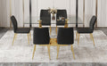 Table And Chair Set.Modern Rectangular Dining Table With Transparent Tempered Glass Tabletop And Gold Plated Metal Legs.Paried With 6 Comfortable Chairs With Pu Seats And Golden Metal Legs. Black Gold,Transparent Seats 6 Glass Metal