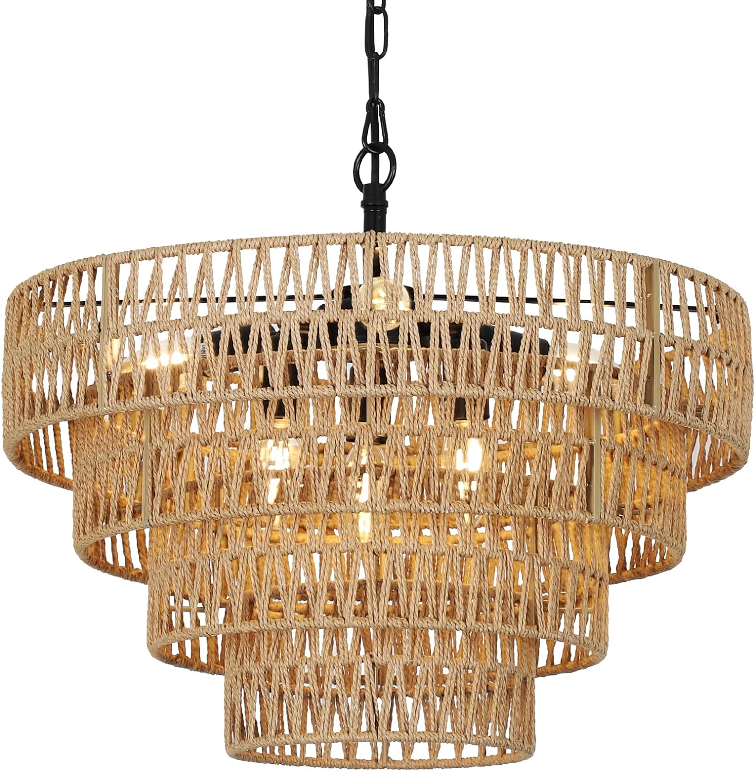 Boho Rattan Chandelier, 6 Light Dining Room Light Fixture, Wicker Pendant Lighting With 4 Tier Woven Lampshade, Large Farmhouse Chandeliers For Dining Room Bedroom Kitchen Living Room 20" Brown Rattan Metal