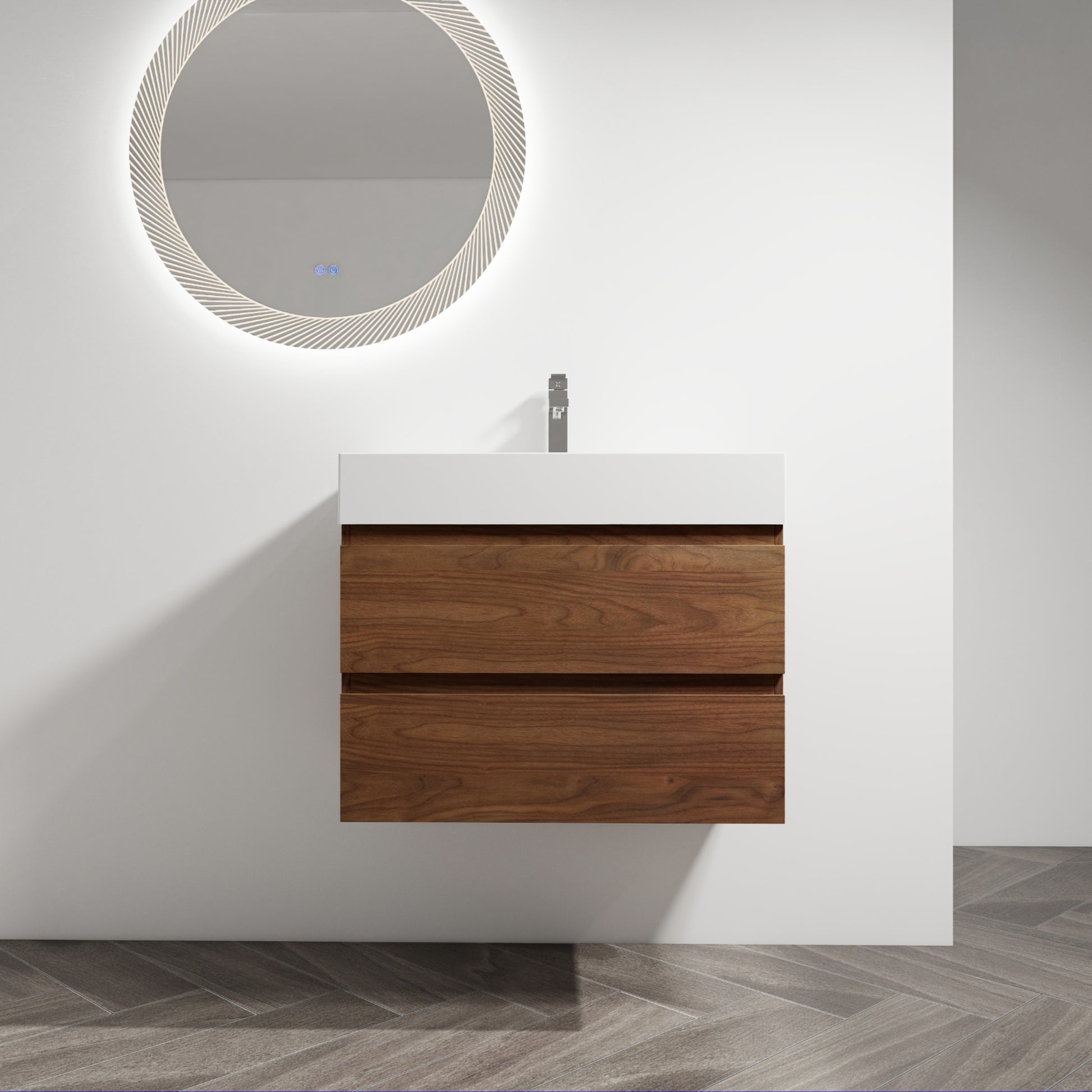 30" Wall Mounted Bathroom Vanity With Resin Sink, 2 Soft Close Drawers, Kd Package 2 Brown Oak Bathroom Wall Mounted Modern Plywood