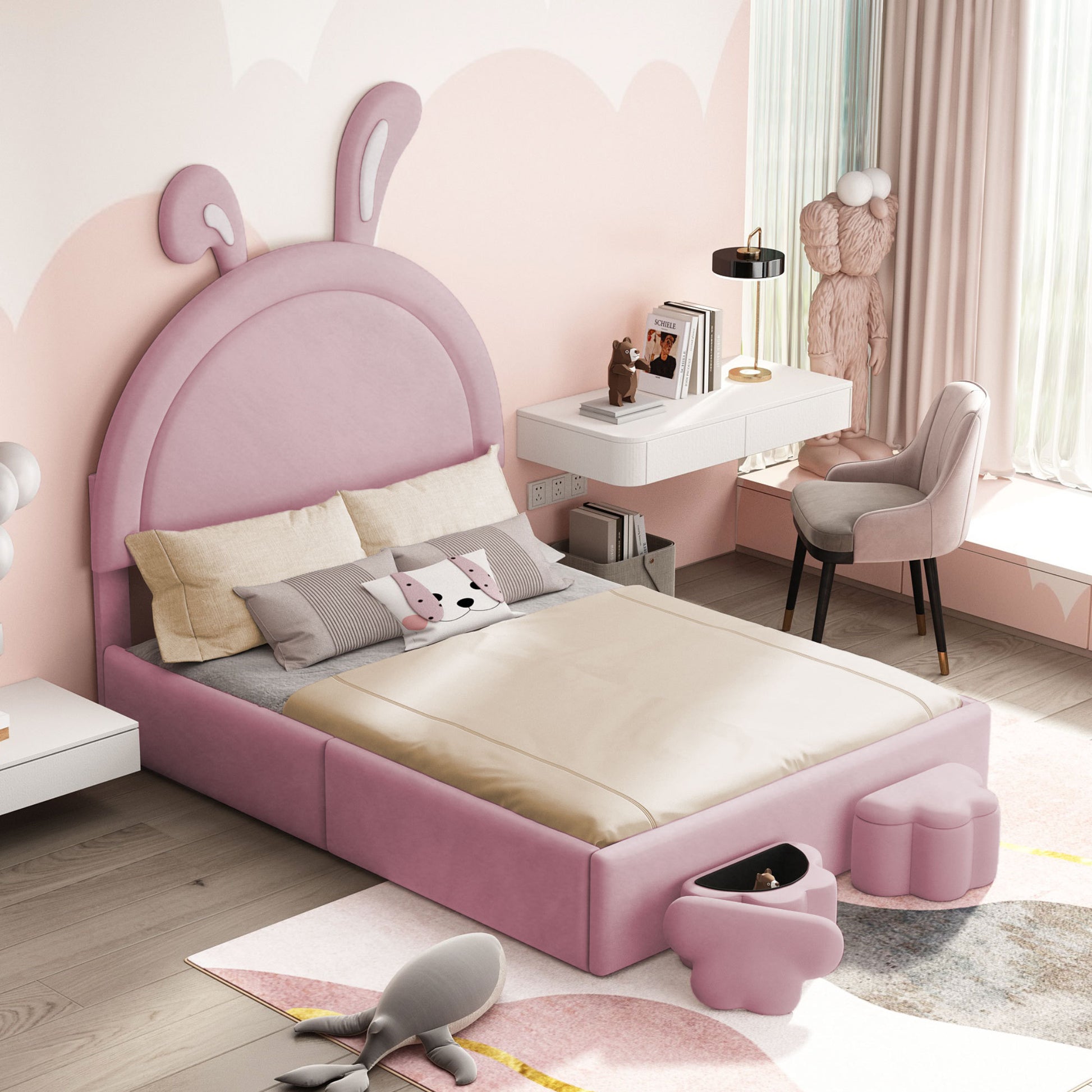 Full Size Upholstered Rabbit Shape Bed With 2 Storage Stools, Velvet Platform Bed With Cartoon Ears Shaped Headboard, Pink Full Pink Wood