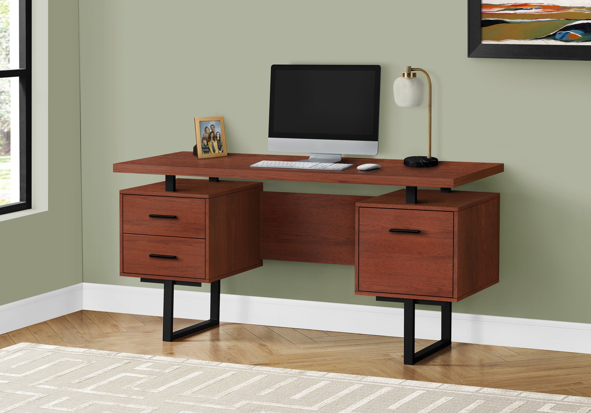 Computer Desk, Home Office, Laptop, Left, Right Set Up, Storage Drawers, 60"L, Work, Brown Laminate, Black Metal, Contemporary, Modern Cherry Particle Board