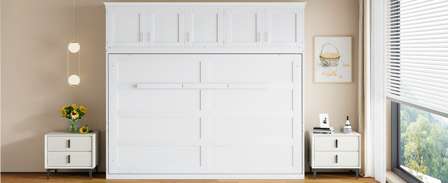 Queen Size Murphy Bed Wall Bed With Top Cabinets,White Queen White Plywood