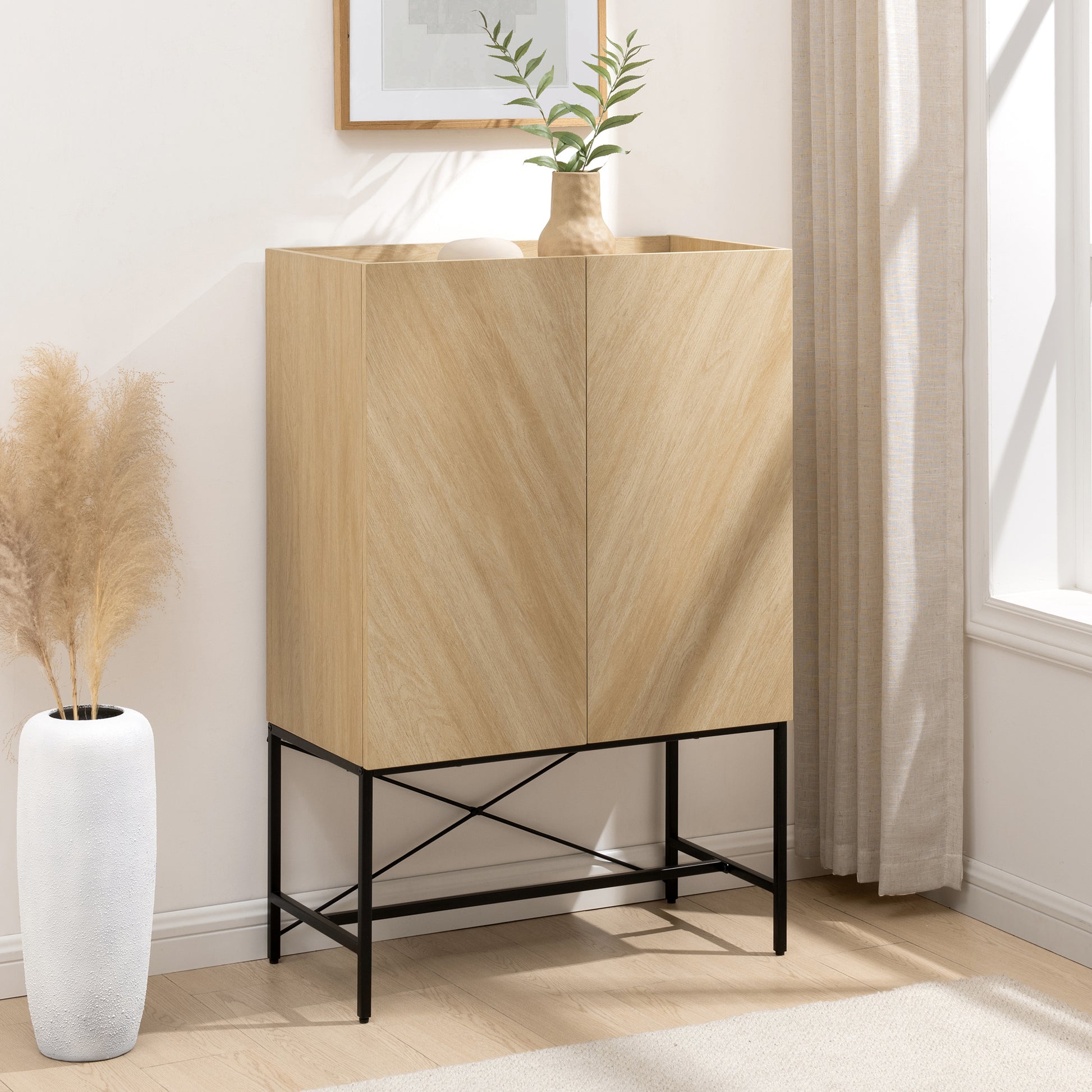 Contemporary Bookmatch Doors Tall Accent Cabinet With Inset Top Dark Walnut Bookmatch Light Brown Mdf Mdf