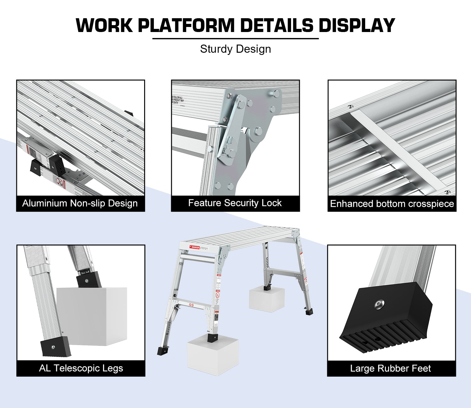 Aluminum Work Platform Large Size Step Stool Folding Portable Work Bench 40" Width Telescopic Feet 22" 27.5" Height Adjustable Grey Aluminium Alloy