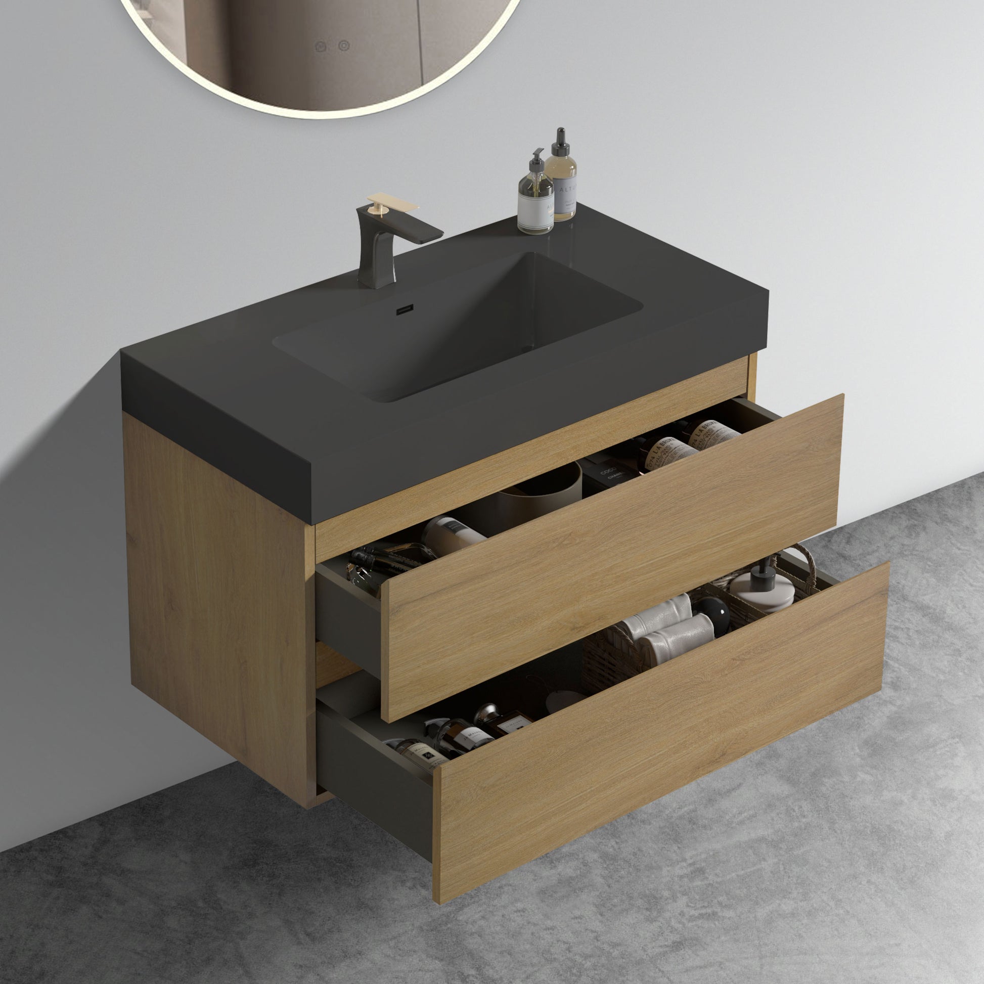 U092 Alice36W 106 Alice 36" Natural Oak Bathroom Vanity With Sink, Large Storage Wall Mounted Floating Bathroom Vanity For Modern Bathroom, One Piece Black Sink Basin Without Drain, Pre Assembled Walnut Black Bathroom Modern Mdf Melamine