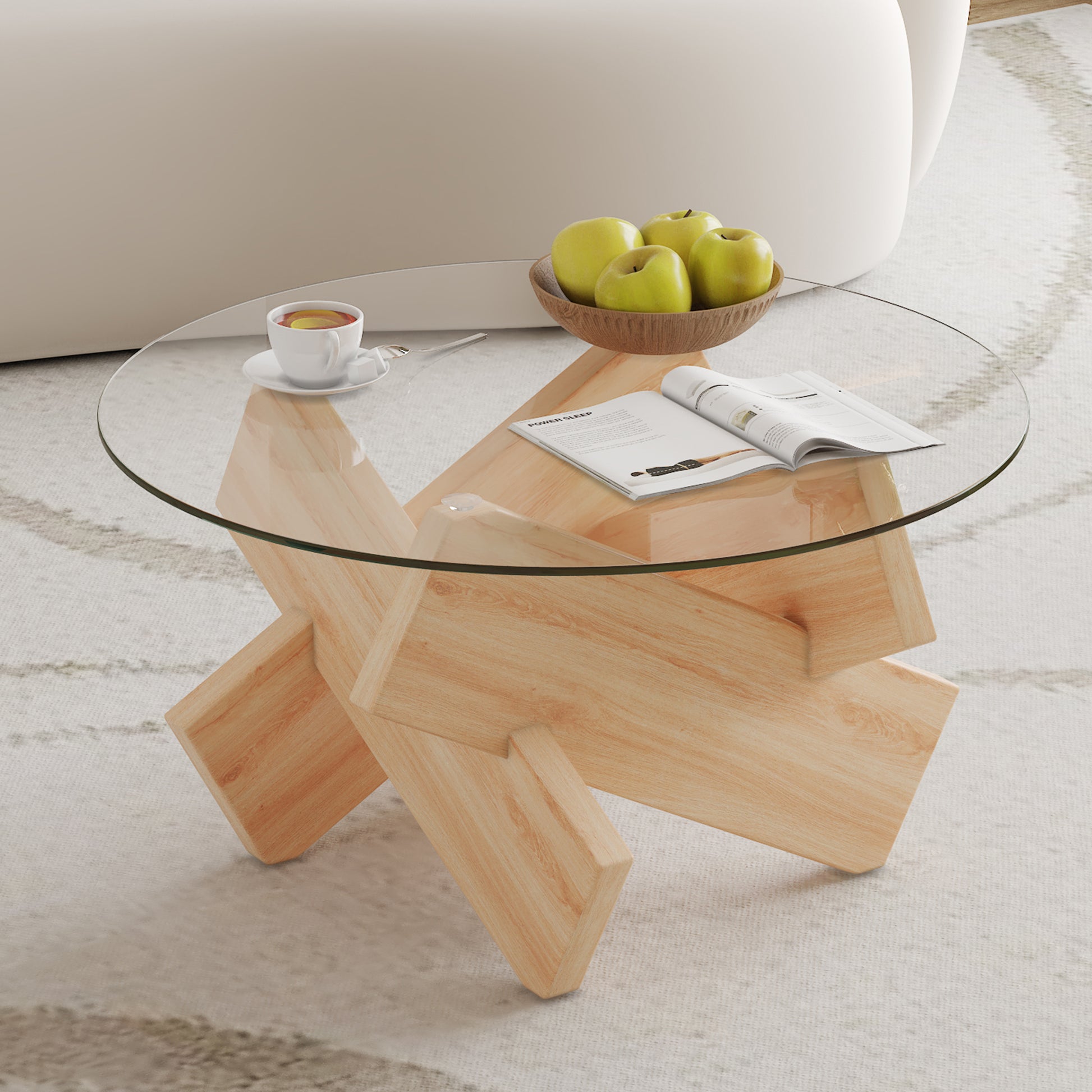 Circular Glass Coffee Table, 33.4 Inch Modern And Distinctive Design Tea Table. Tempered Glass Countertop, Wood Colored Mdf Table Legs. Suitable For Living Rooms And Farmhouses Transparent Glass