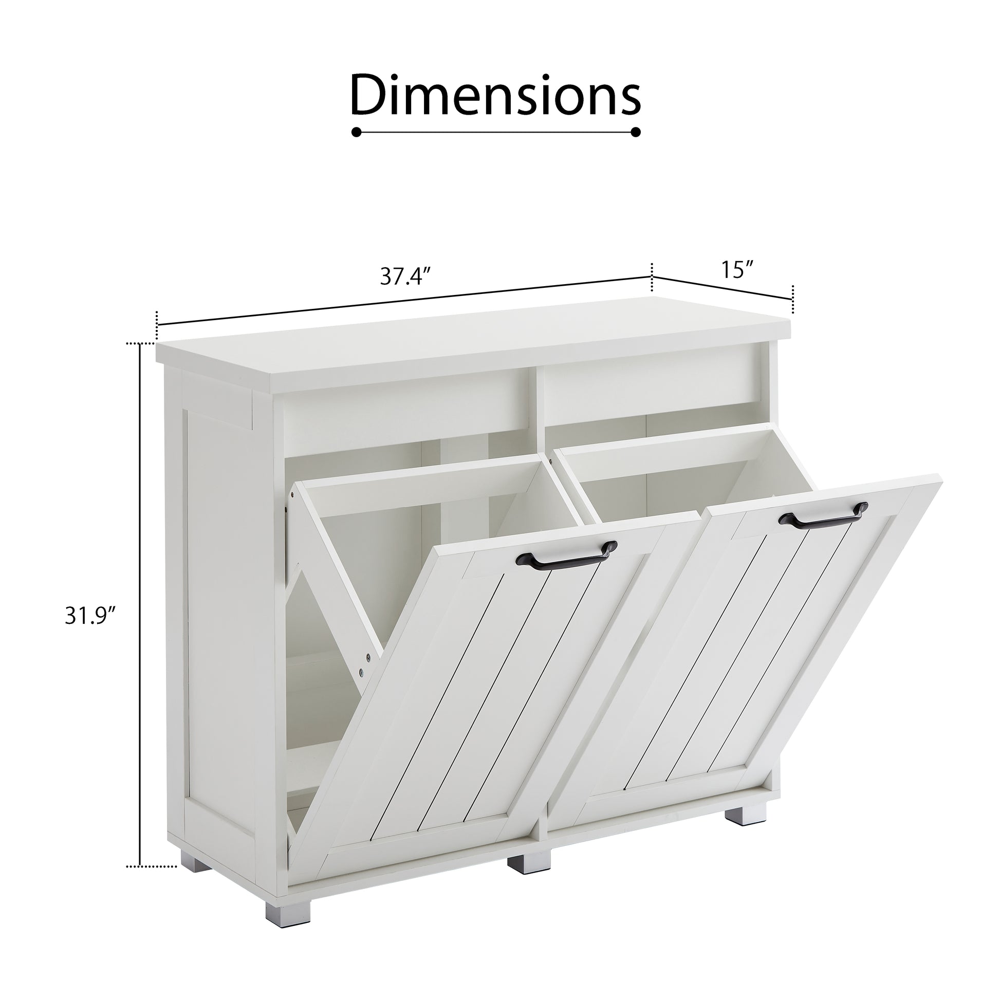 Two Compartment Tilt Out Trash Cabinet, Pet Proof Kitchen Trash Cabinet With Cutting Board, Free Standing Laundry Sorter Cabinet, Laundry Hamper, White White White Particle Board