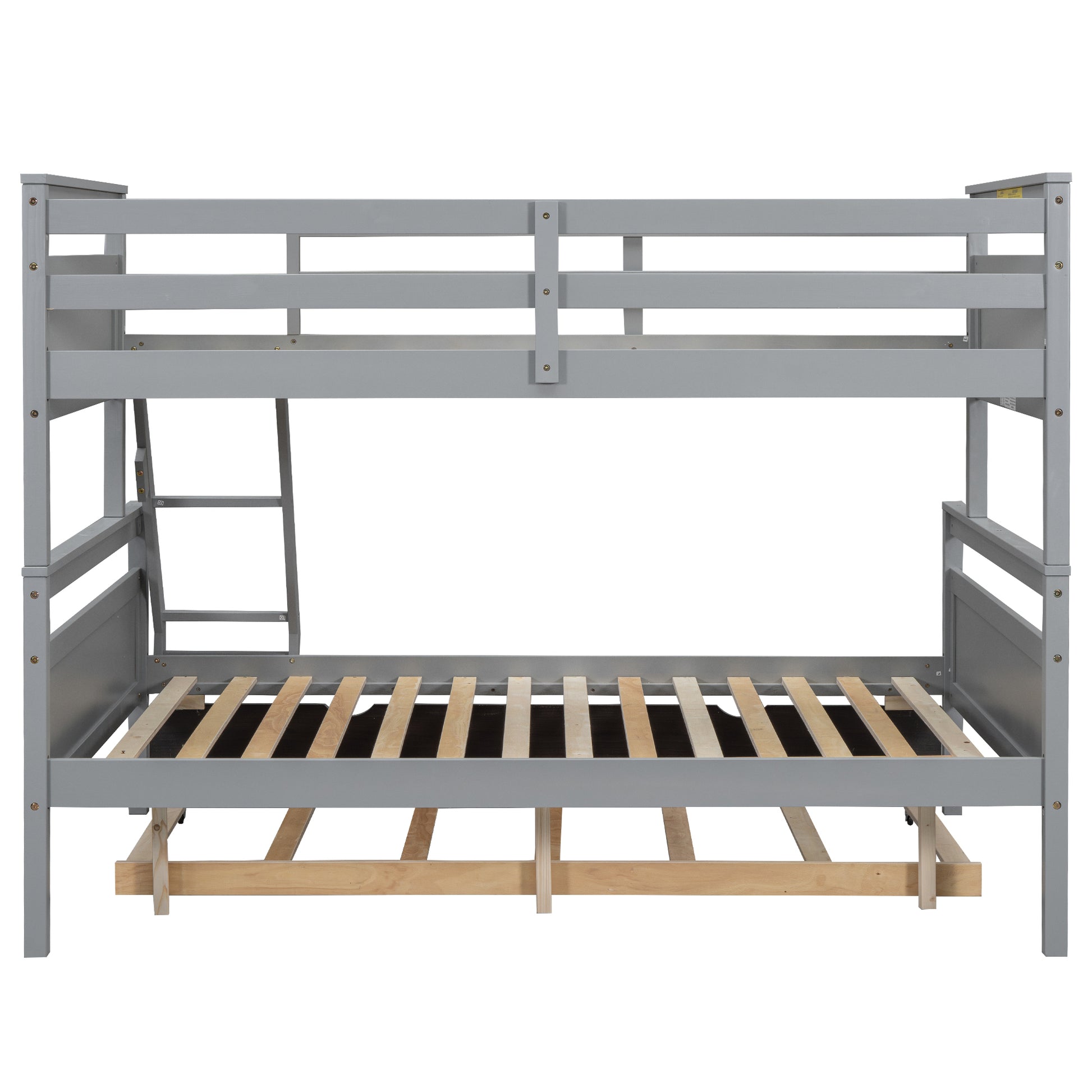 Twin Over Full Bunk Bed With Ladder, Twin Size Trundle, Safety Guardrail, Gray Box Spring Not Required Twin Gray Wood Bedroom Bunk Pine