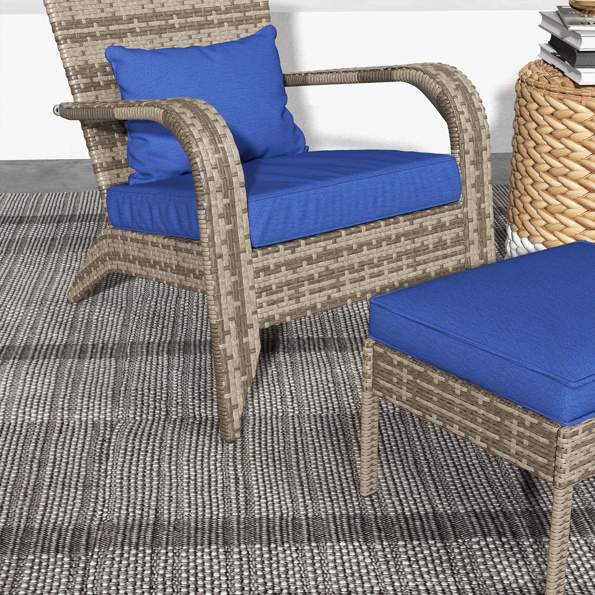 Outsunny Patio Wicker Adirondack Chair With Ottoman, Outdoor Fire Pit Chair With Cushions, High Back, Large Seat & Armrests For Deck, Garden & Backyard, Dark Blue Blue Steel