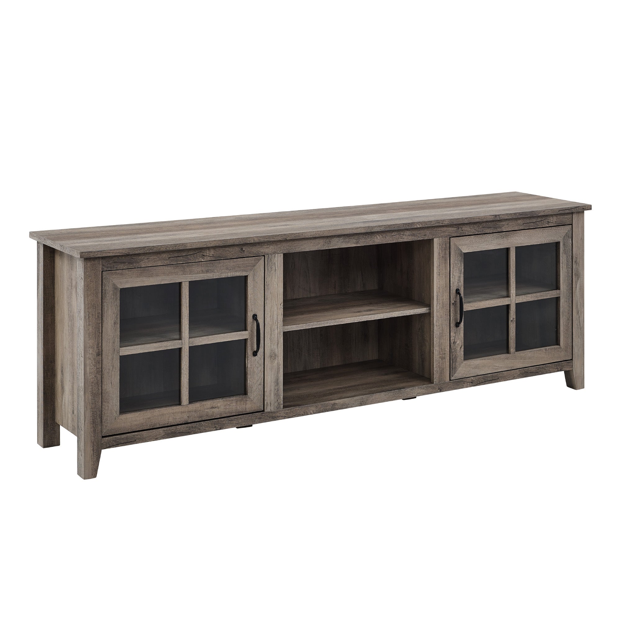 Modern Farmhouse 2 Door Glass Windowpane 70" Tv Stand For 80" Tvs Grey Wash Gray Wash Mdf