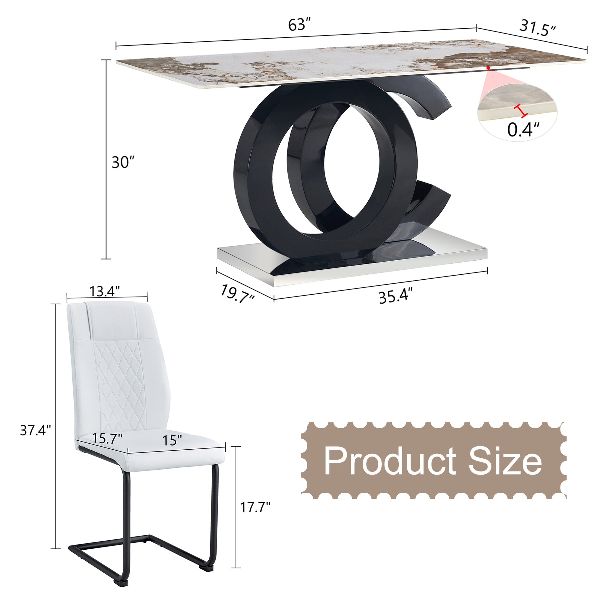 Table And Chair Set.63"X31.5" Marble Pattern Sintered Stone Table With Mdf Oc Shaped Bracket.Paired With 6 White Pu Chairs With Black Metal Legs.Suitable For Kitchen,Dining Room,Etc. White Black