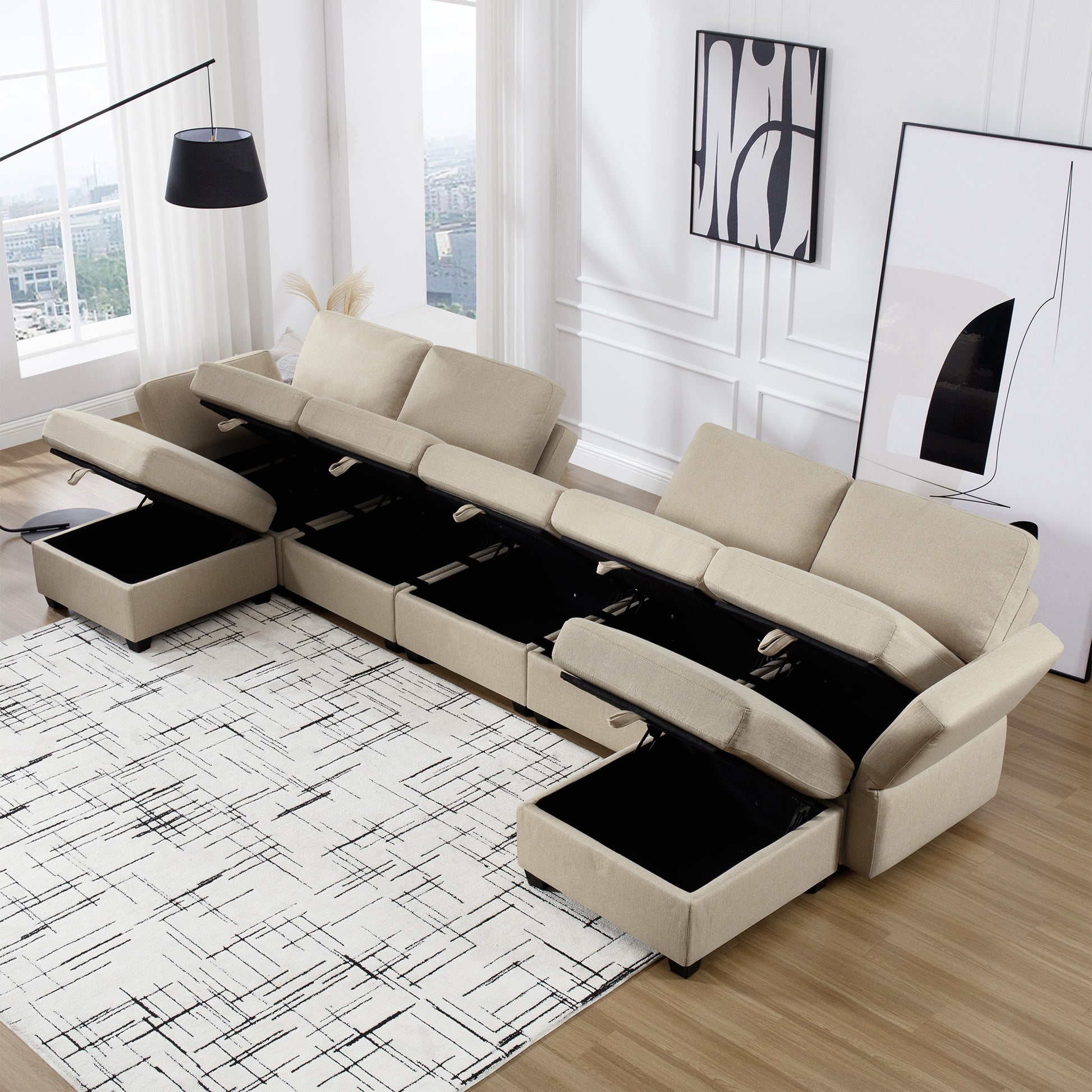 Modular Sectional Sofa U Shaped Sectional Couch With Ottoman, 7 Seat Modular Sofa With Chaise For Living Room, Adjustable Arms And Backs Beige Beige Polyester 4 Seat