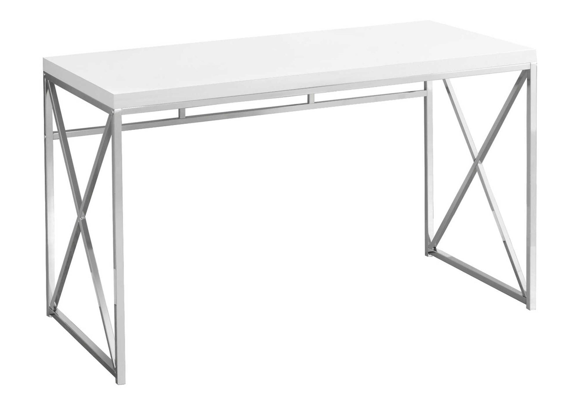 Computer Desk, Home Office, Laptop, Work, Glossy White Laminate, Chrome Metal, Contemporary, Modern White Mdf