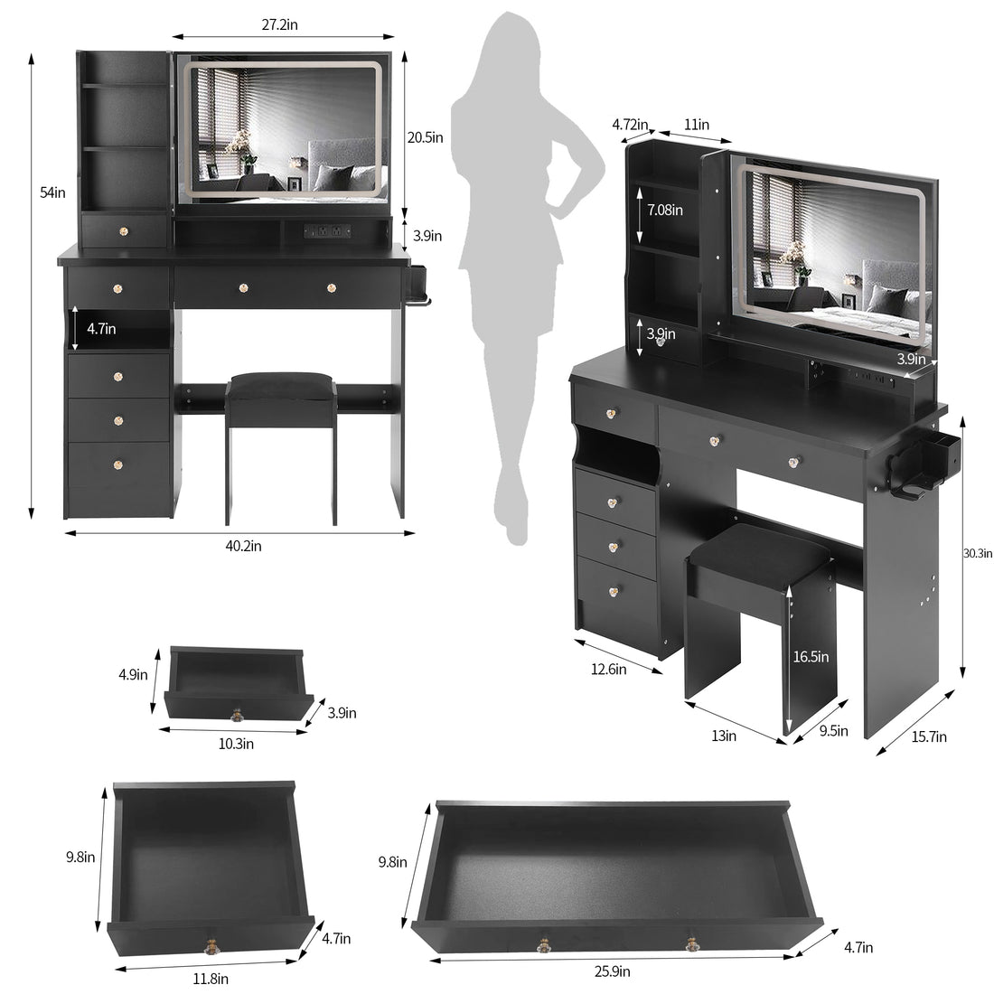 41" Large Size Left Drawer Desktop Vanity Table Cushioned Stool Dresser Set, 2 Ac 2 Usb Power Station, Hair Dryer Stand, Extra Large Touch Control Led Mirror, 3 Color Switch, Epa, Gcc, Ul