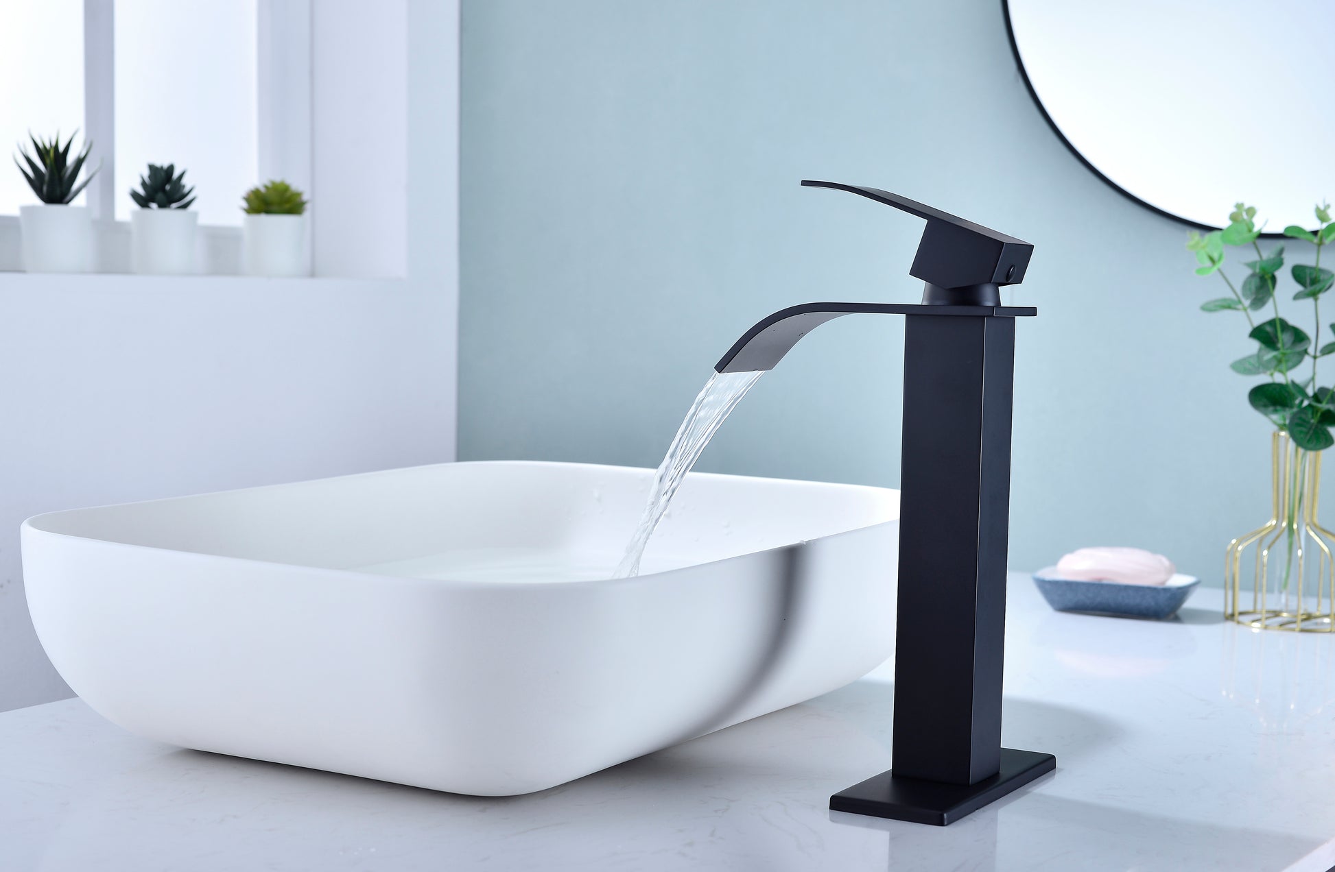 Waterfall Spout Bathroom Sink Single Handle Faucet With Pop Up Drain No Overflow Matte Black Stainless Steel