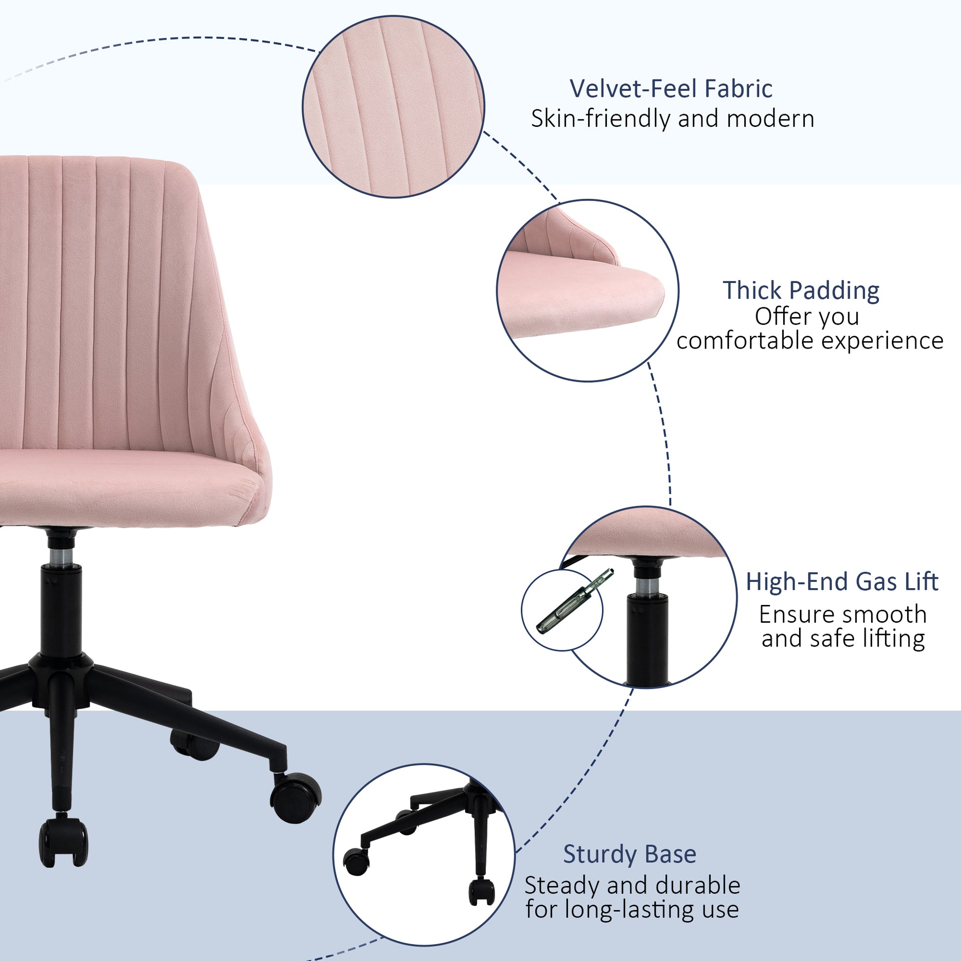 Vinsetto Mid Back Office Chair, Velvet Fabric Swivel Sop Shape Computer Desk Chair For Home Office Or Bedroom, Pink Pink Polyester