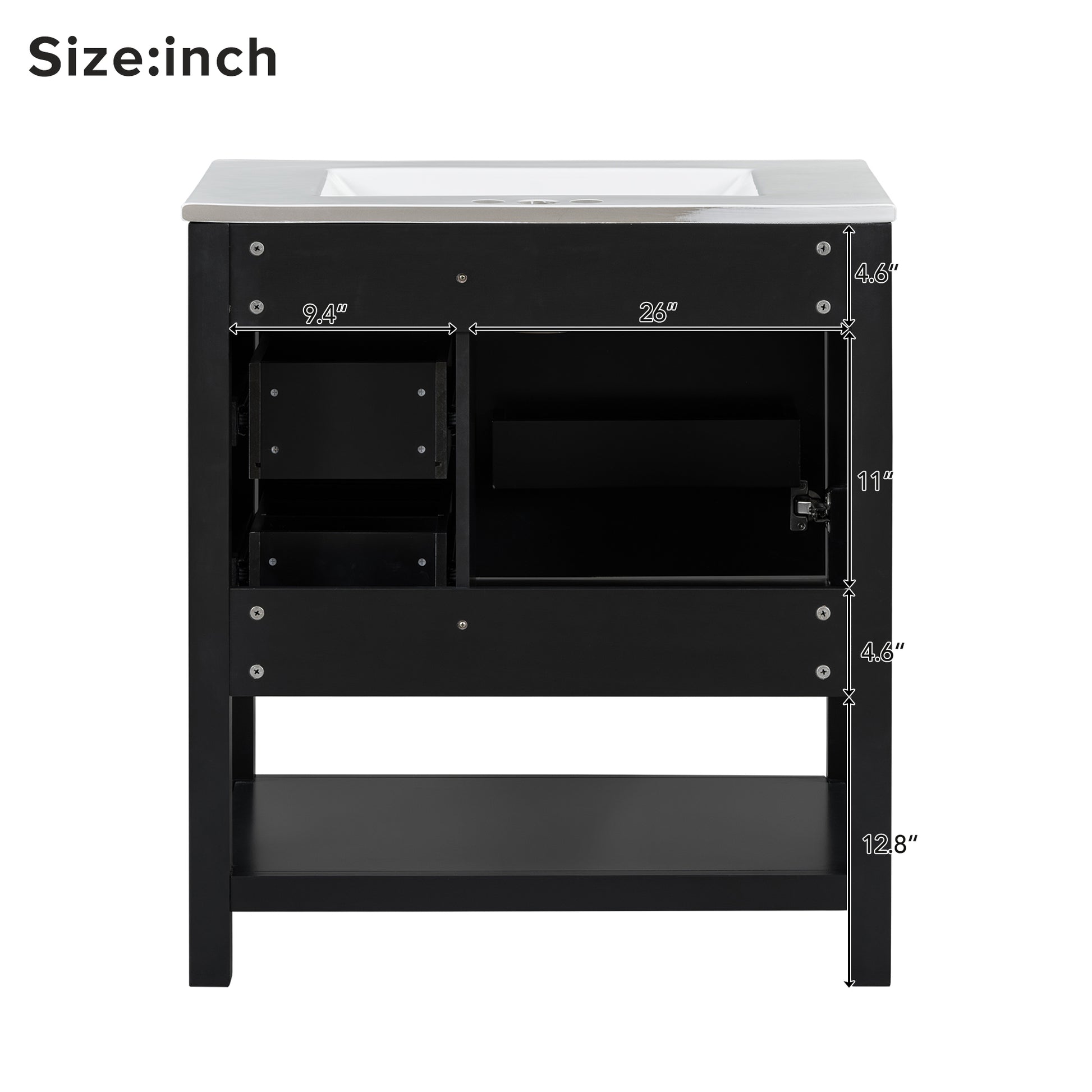 30Inch Transitional Style Bathroom Vanity Cabinet Combo With Ceramic Sink,Soft Close Door Black Bathroom Solid Wood Mdf