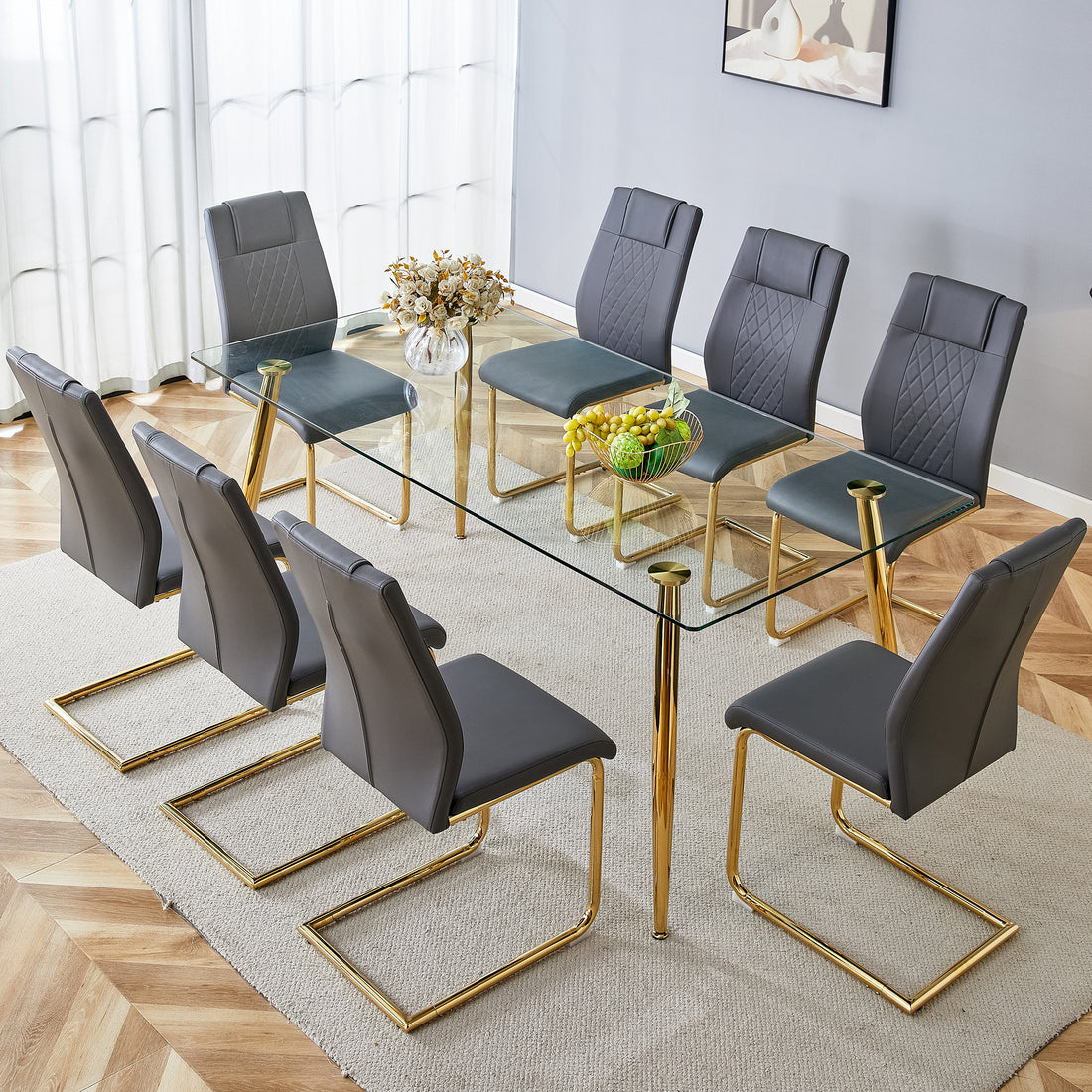 Table And Chair Set.Modern Rectangular Glass Dining Table With A Tempered Glass Tabletop And Metal Legs, Paired With Multiple Chairs Designed With Pu Cushions And Golden Metal Legs. Grey Gold Seats 8 Tempered Glass