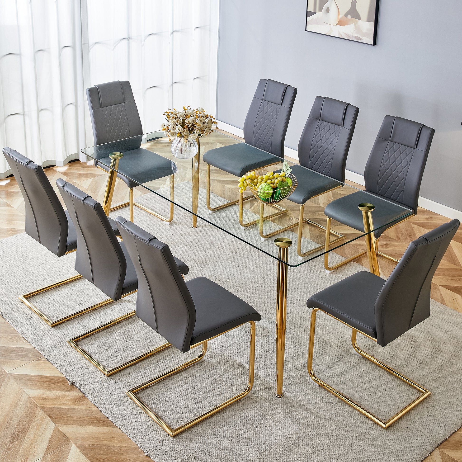 Table And Chair Set.Modern Rectangular Glass Dining Table With A Tempered Glass Tabletop And Metal Legs, Paired With Multiple Chairs Designed With Pu Cushions And Golden Metal Legs. Grey Gold Seats 8 Tempered Glass
