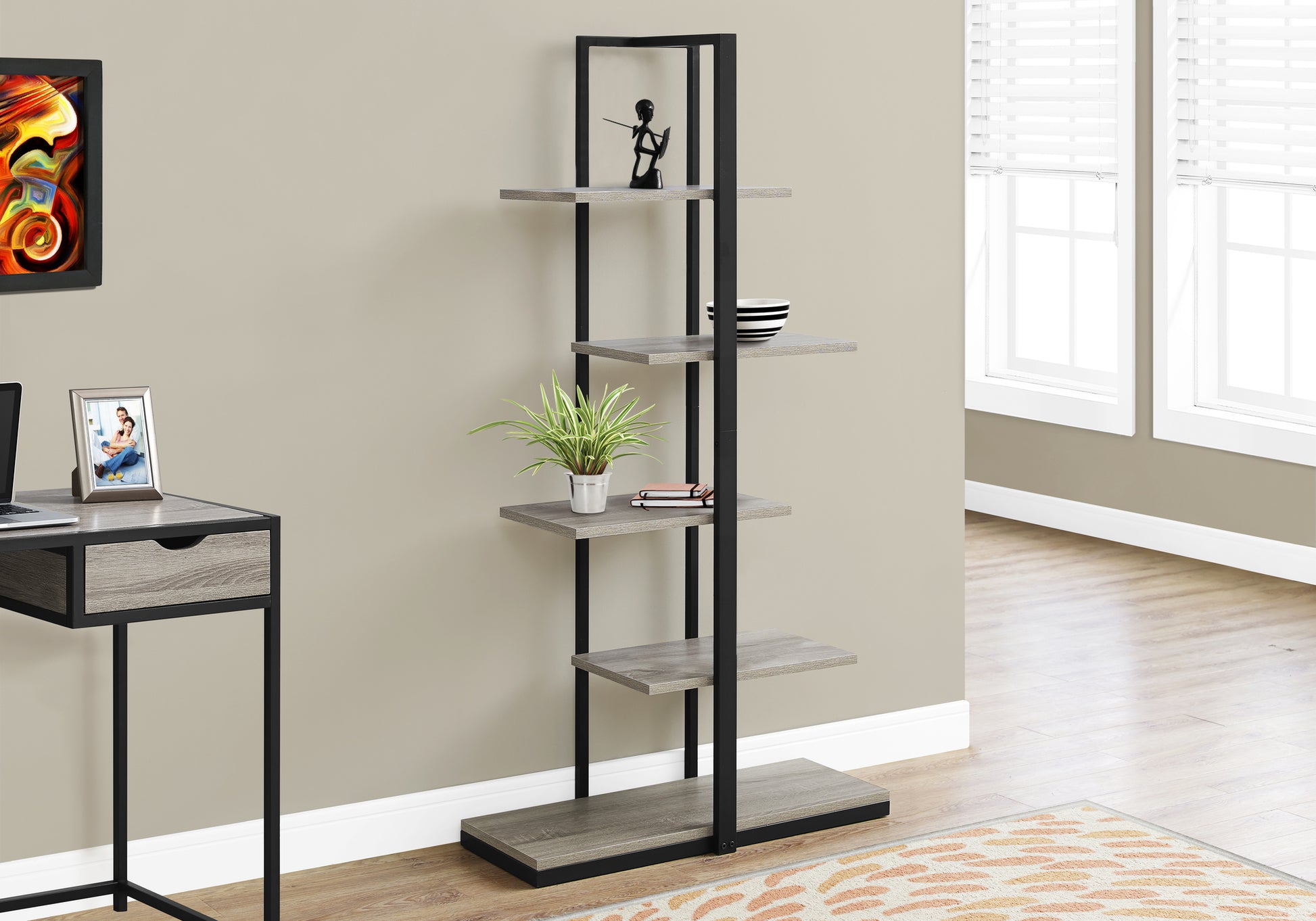 Bookshelf, Bookcase, Etagere, 5 Tier, 60"H, Office, Bedroom, Brown Laminate, Black Metal, Contemporary, Modern Taupe Mdf