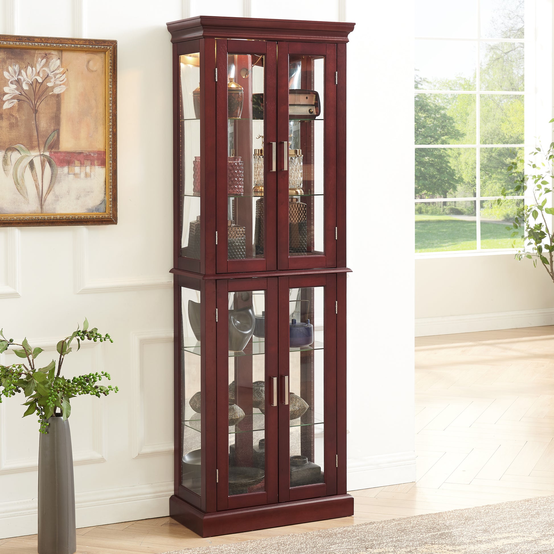 Curio Cabinet Lighted Curio Diapaly Cabinet With Adjustable Shelves And Mirrored Back Panel, Tempered Glass Doors Cherry, 6 Tier , E26 Light Bulb Not Included Cherry Mdf