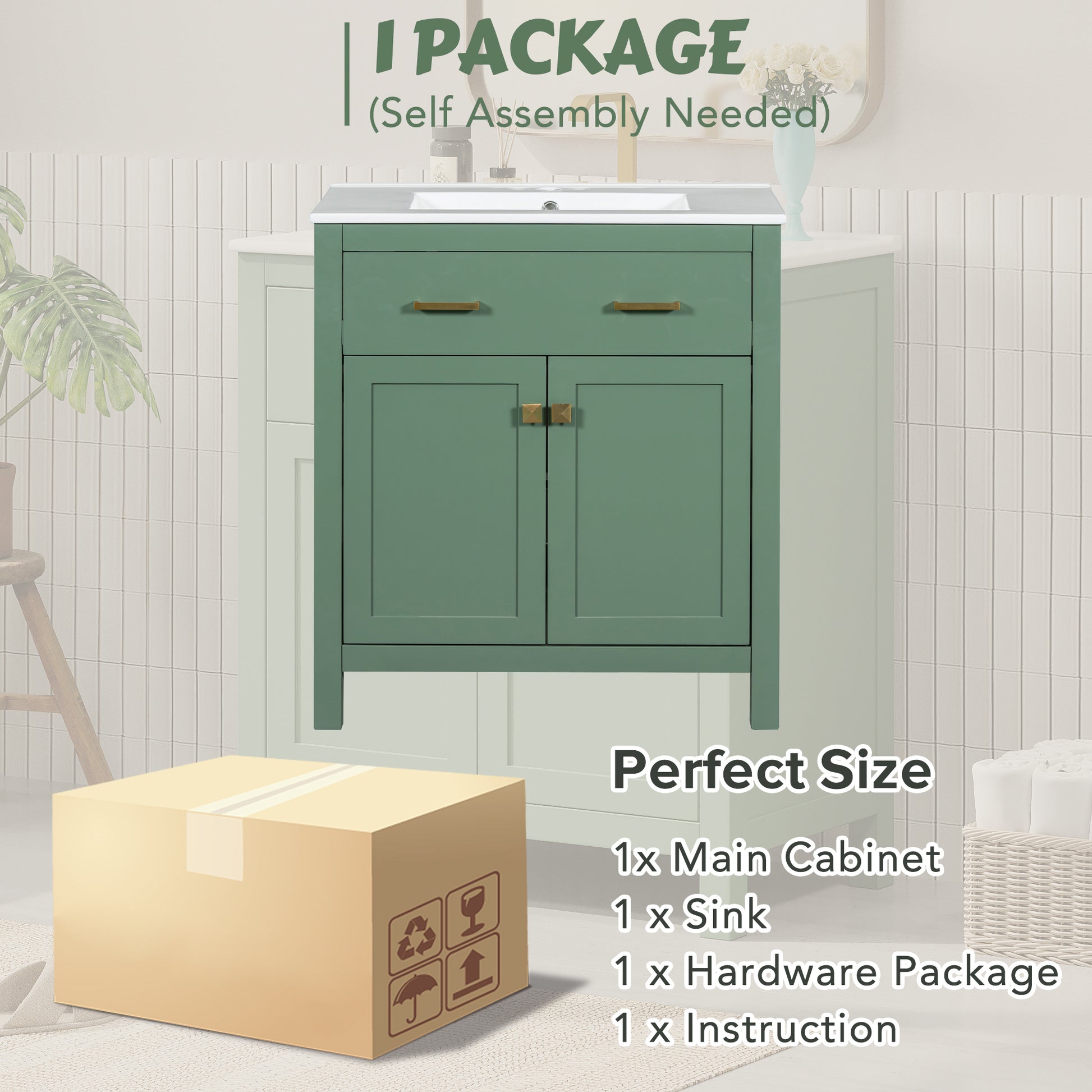 30 Inch Bathroom Vanity With Ceramic Sink, Modern Green Single Bathroom Cabinet With 2 Doors And A Shelf, Soft Close Doors Green Bathroom Solid Wood Mdf