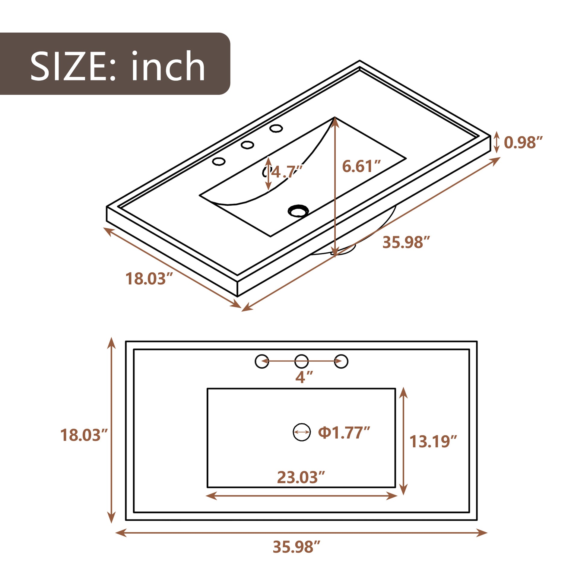 36" Single Bathroom Vanity Top With White Basin, 3 Faucet Holes, Ceramic, White White Ceramic