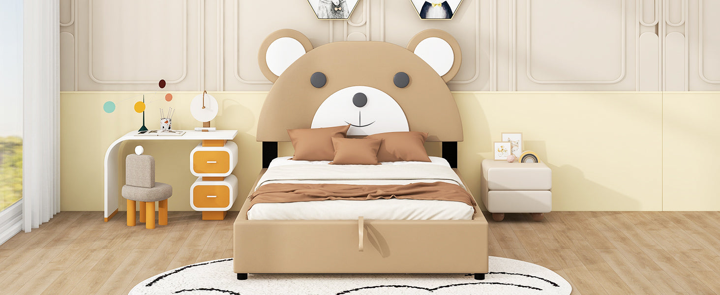 Full Size Upholstery Platform Bed Frame With Cute Bear Shaped Headboard And Two Storage Drawers,Brown Full Brown Solid Wood Mdf