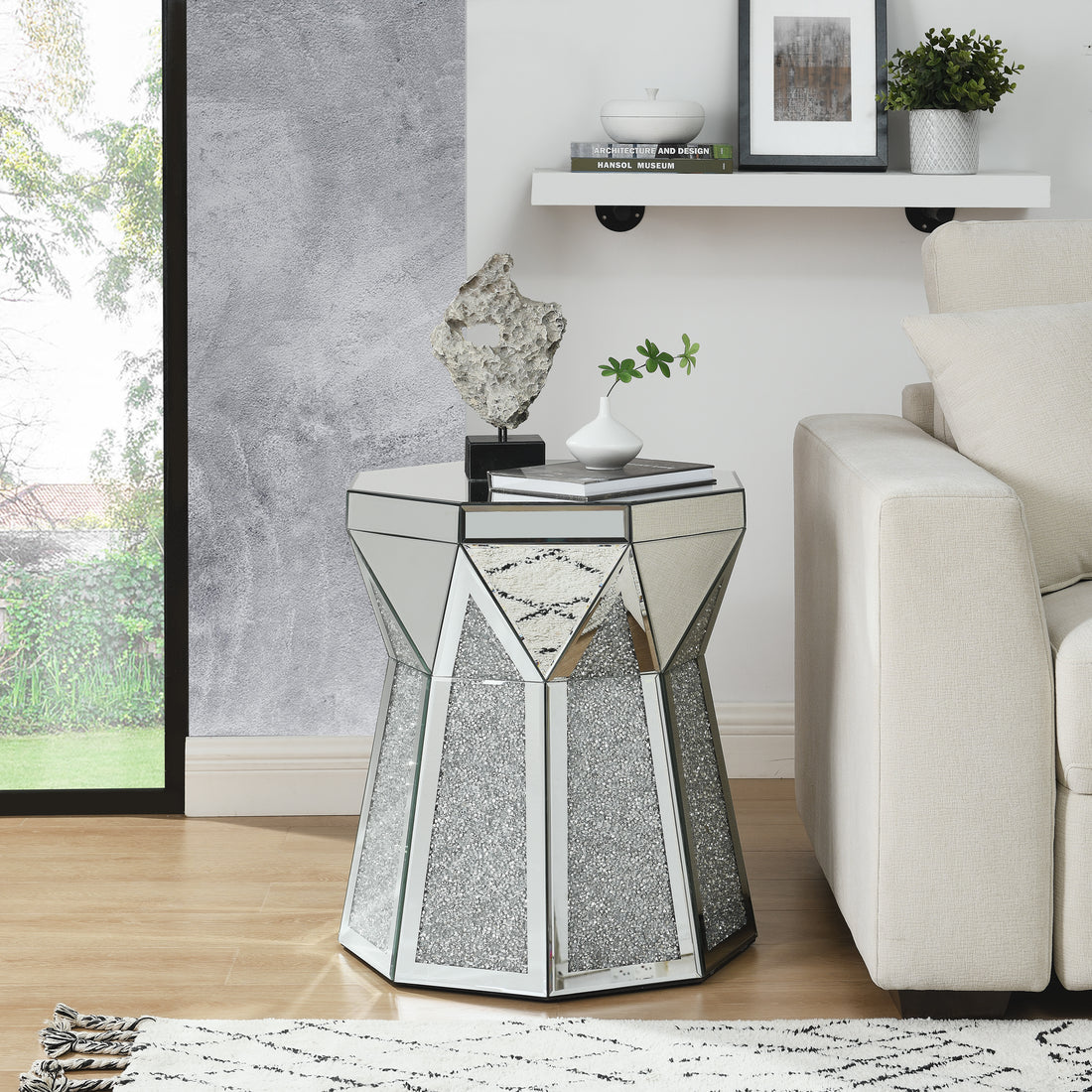 Drum Style Coffee Table With Mirror Crystal Inlay, Polygonal Silver Decorative Table, Modern Design Luxury Modern Furniture, 20 Inch About 50 Centimeters Low Coffee Table, Suitable For Living Room Silver Primary Living Space American Design Console