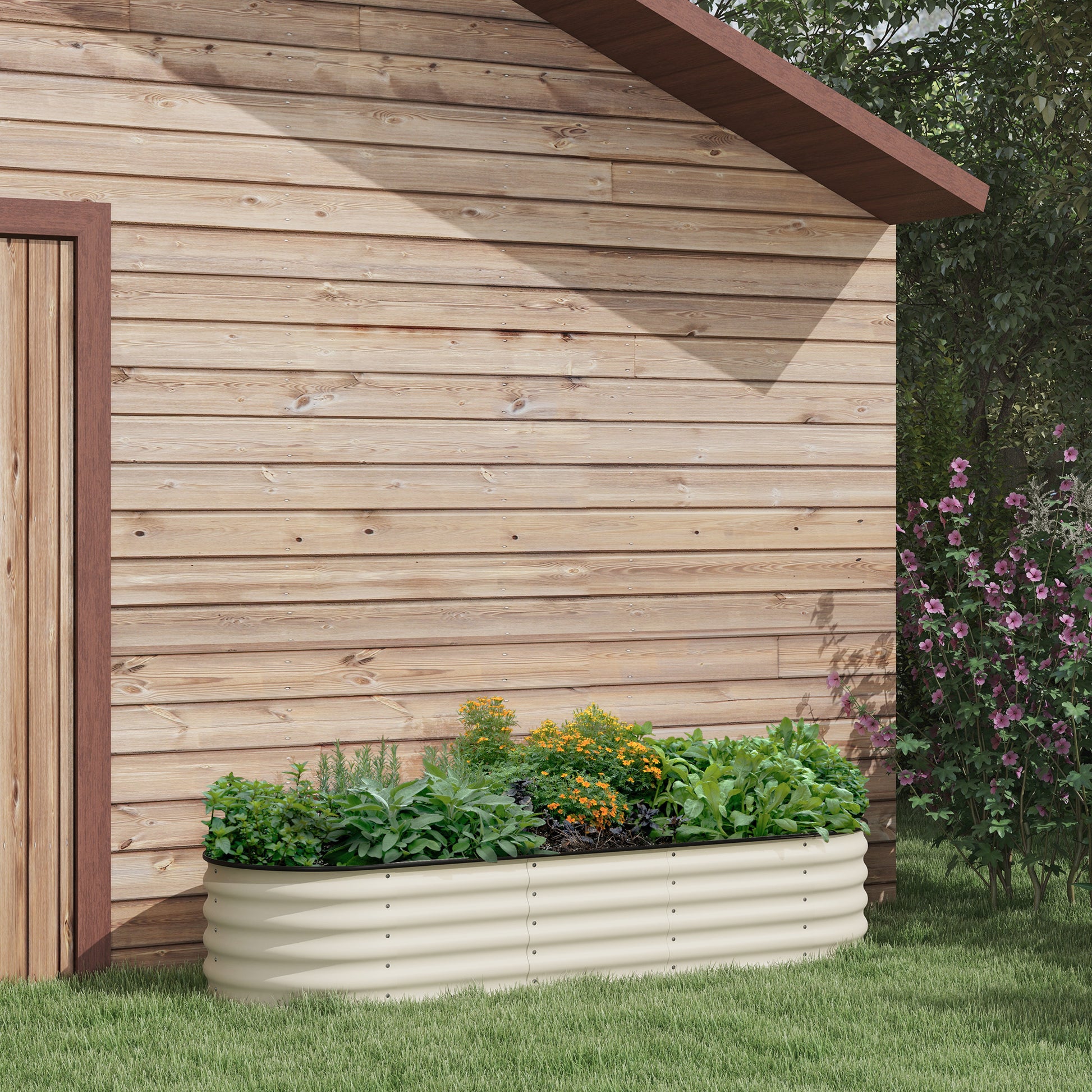 Outsunny 6.5' X 2' X 1.4' Galvanized Raised Garden Bed Kit, Outdoor Metal Elevated Planter Box With Safety Edging, Easy Diy Stock Tank For Growing Flowers, Herbs & Vegetables, Cream Cream White Steel