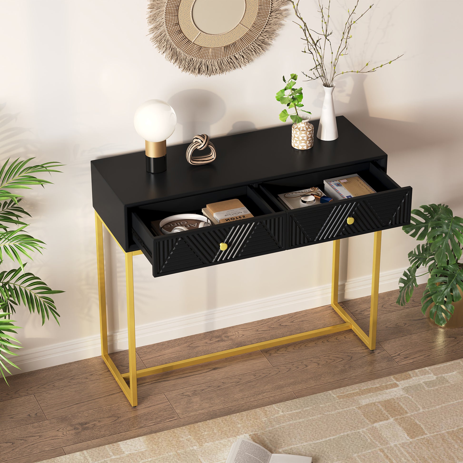 Modern Sleek Console Table Two Drawers With Stripe Design For Living Room And Entryway Black Black Mdf