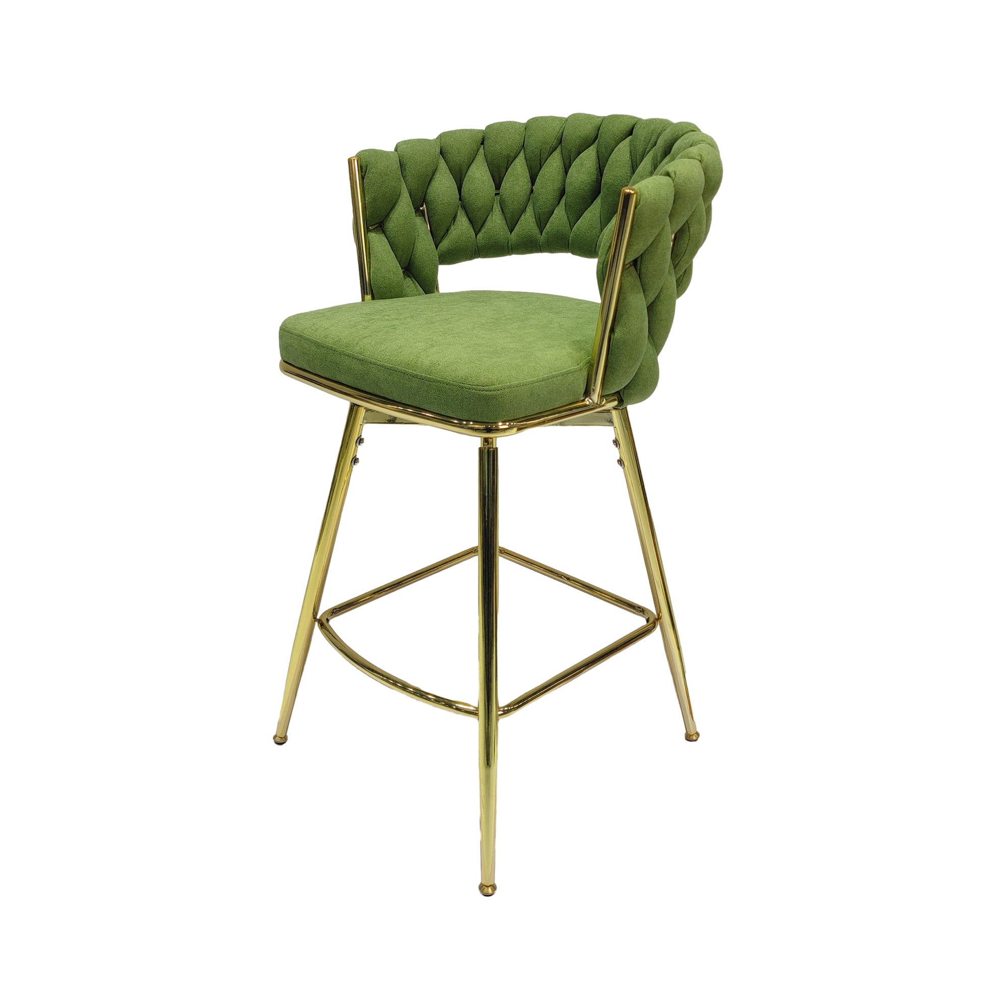 Bar Chair Linen Woven Bar Stool Set Of 2,Golden Legs Barstools No Adjustable Kitchen Island Chairs,360 Swivel Bar Stools Upholstered Bar Chair Counter Stool Arm Chairs With Back Footrest, Green Green Foam Linen