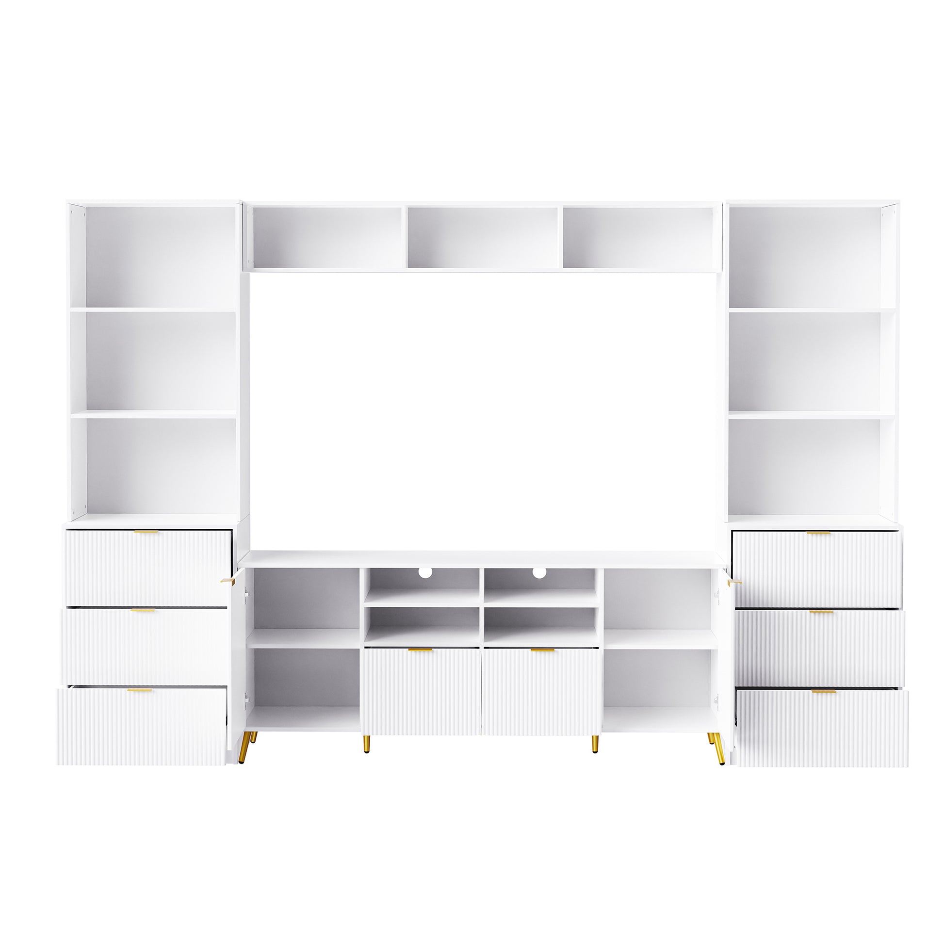 4 Piece Entertainment Wall Unit With 13 Shelves,8 Drawers And 2 Cabinets, Multifunctional Tv Stand Media Storage Cabinet With Fluted Line Surface For Living Room, For Tvs Up To 70" White 60 69 Inches Mdf