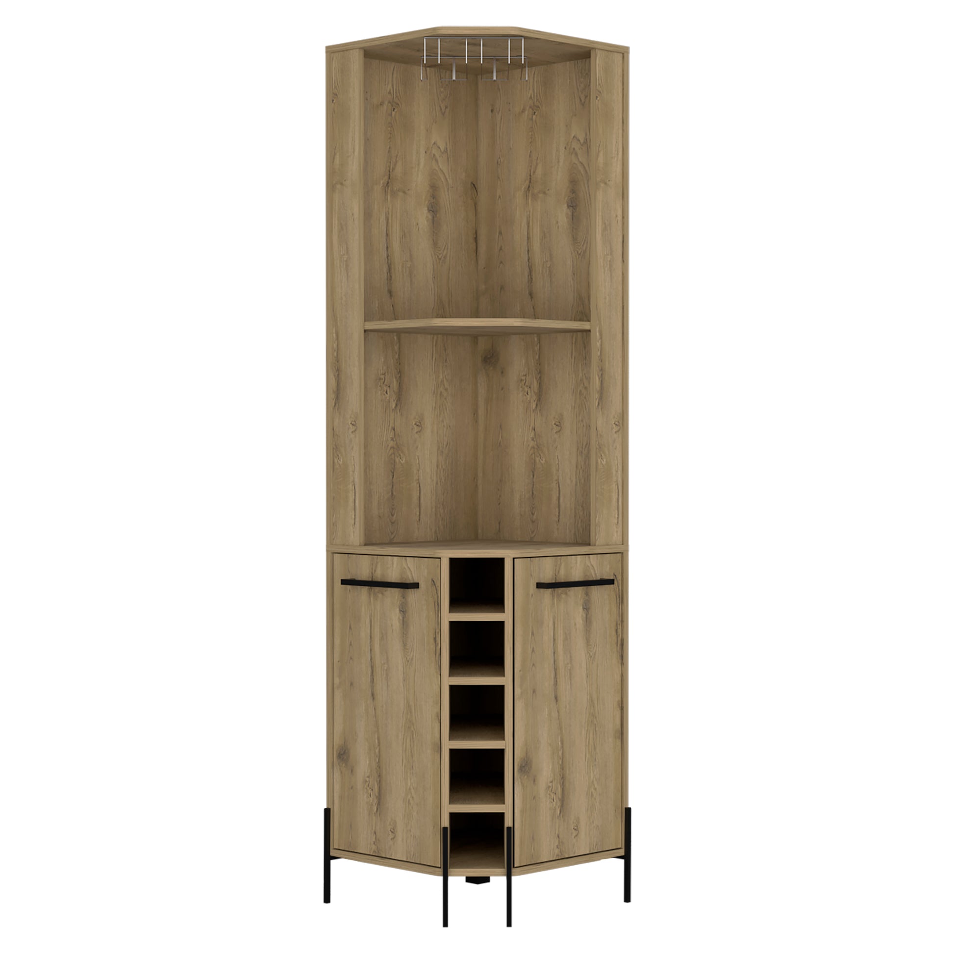 Hans Corner Bar Cabinet, Two Shelves, Five Built In Wine Rack Macadamia Oak Particle Board Particle Board