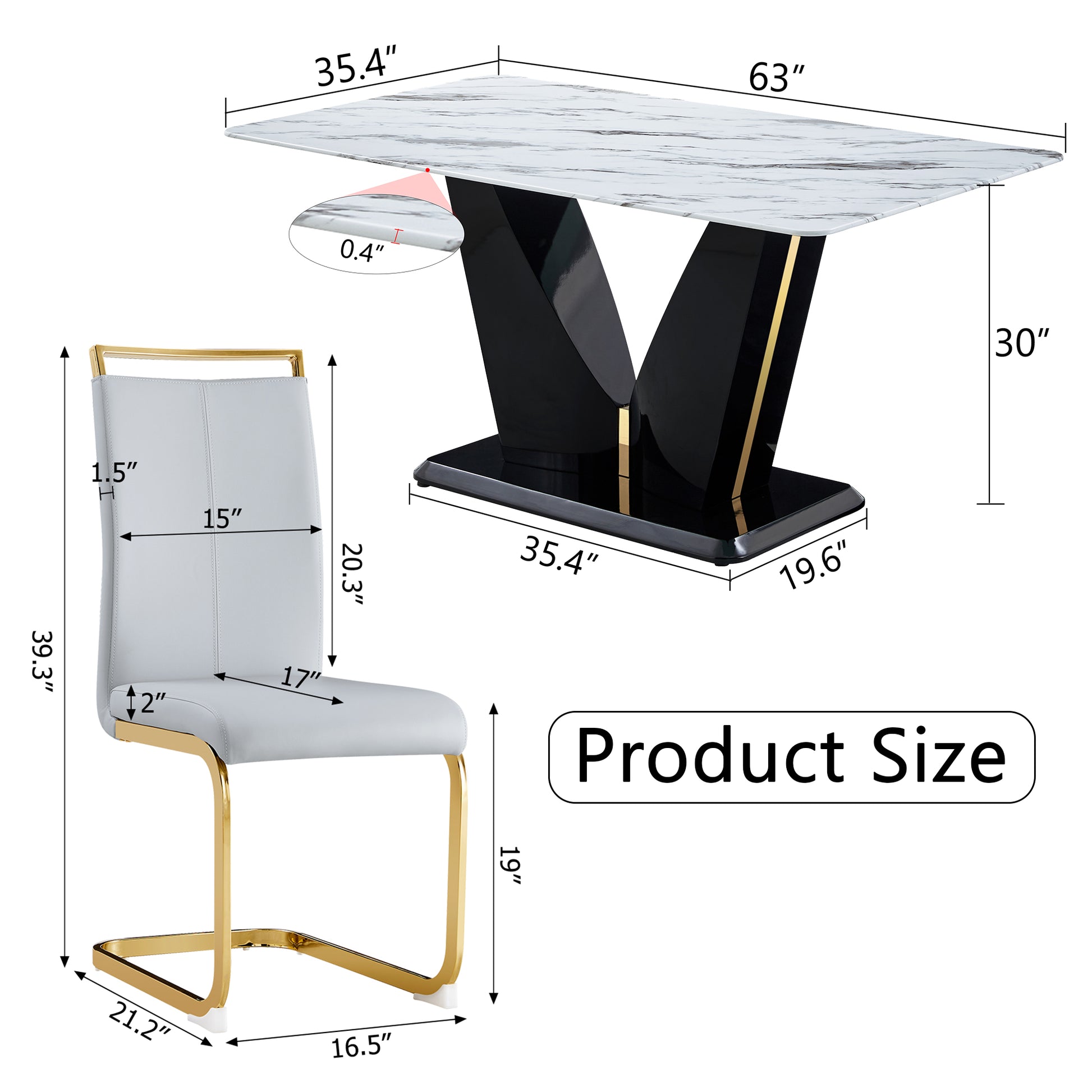 Table And Chair Set, White Imitation Marble Texture Glass Tabletop, Black Mdf Table Legs, Stable And Beautiful. Modern Simple Dining Table, Comfortable Seating. Black Grey Seats 6 Mdf Glass