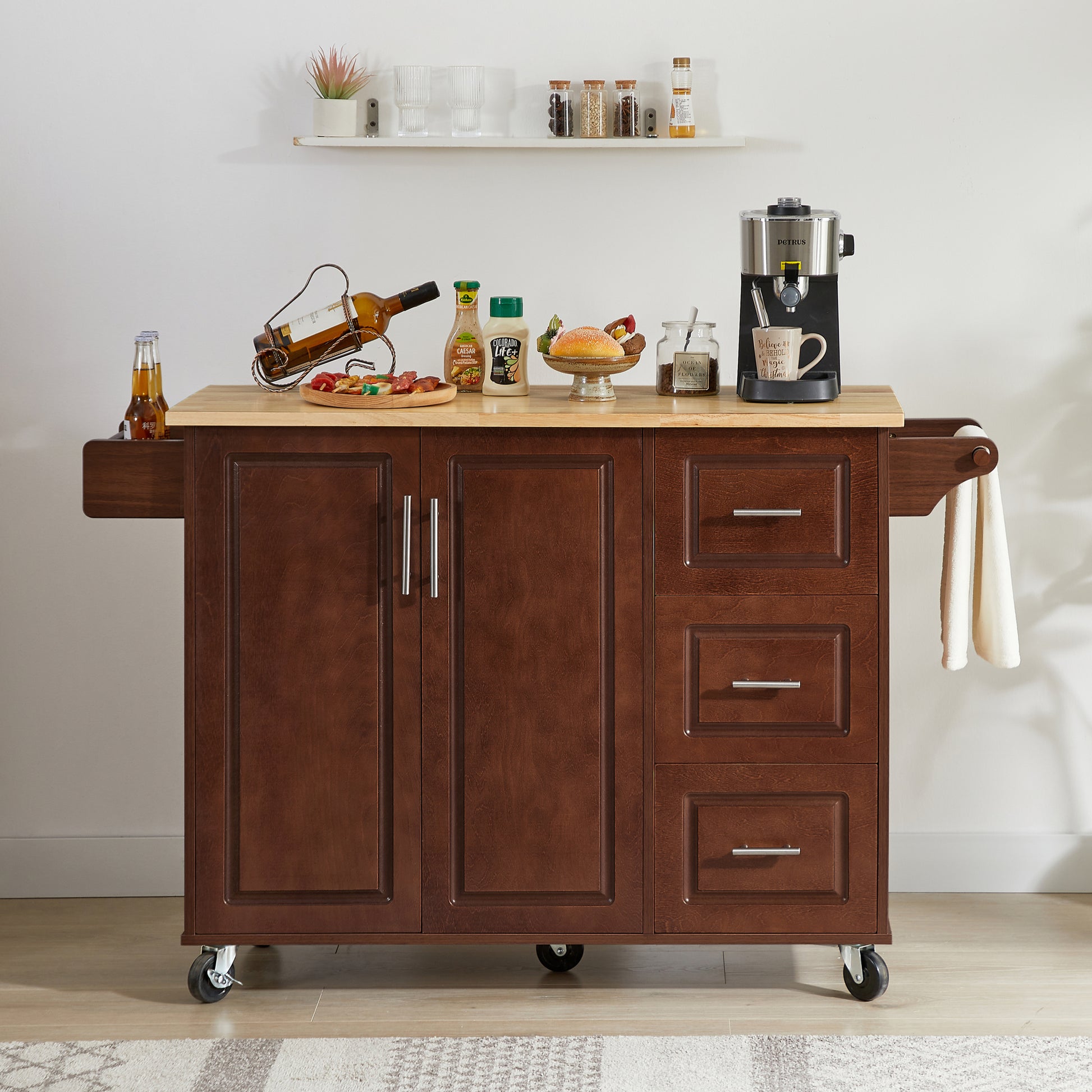 Kitchen Island With Drop Leaf Countertop, Rolling Kitchen Island Cartbarn Door Kitchen Island Table With Storage Cabinet And Tower Rack, Island Table On Wheels For Kitchen, Retro Brown Brown Brown Dining Room Rectangular Kitchen Carts Particle Board