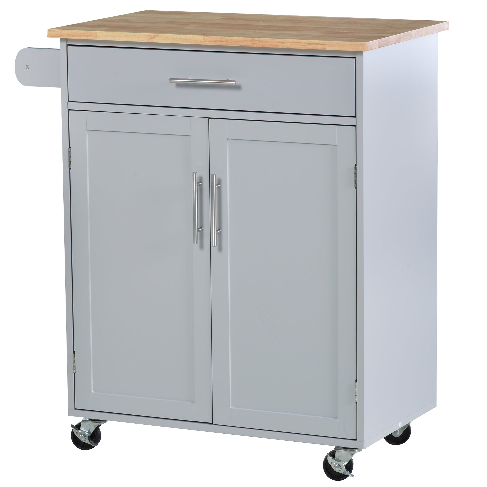 Homcom Kitchen Island Cart Rolling Trolley Cart With Drawer, Storage Cabinet & Towel Rack, Gray Grey Rubber Wood