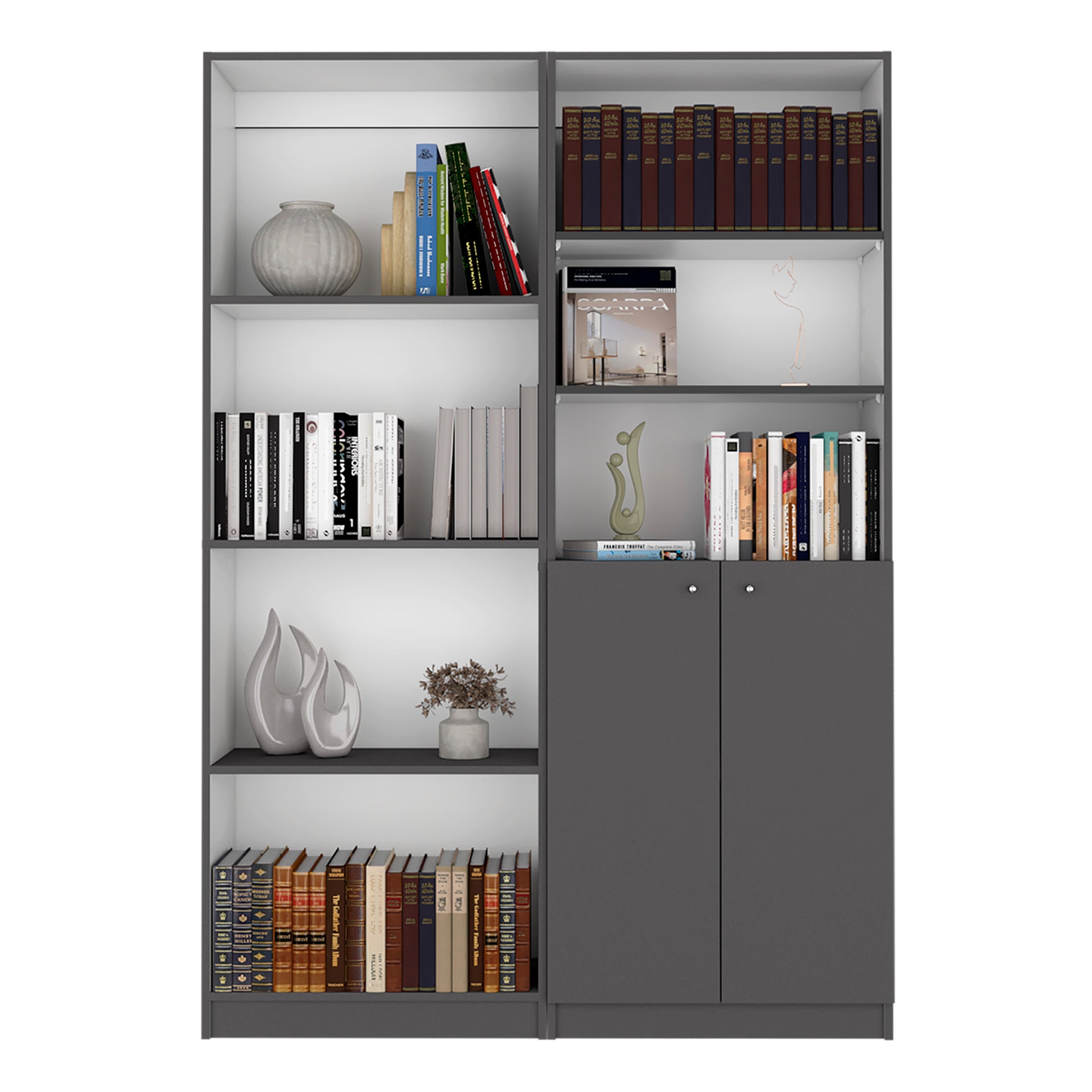 Dupree 2 Piece Home Bookcase Set, 49" Wide With 9 Shelvesliving Room Matt Gray White Freestanding 5 Or More Shelves Matte Gray White Matte,Multicolor Office Adjustable Shelves Modern Particle Board