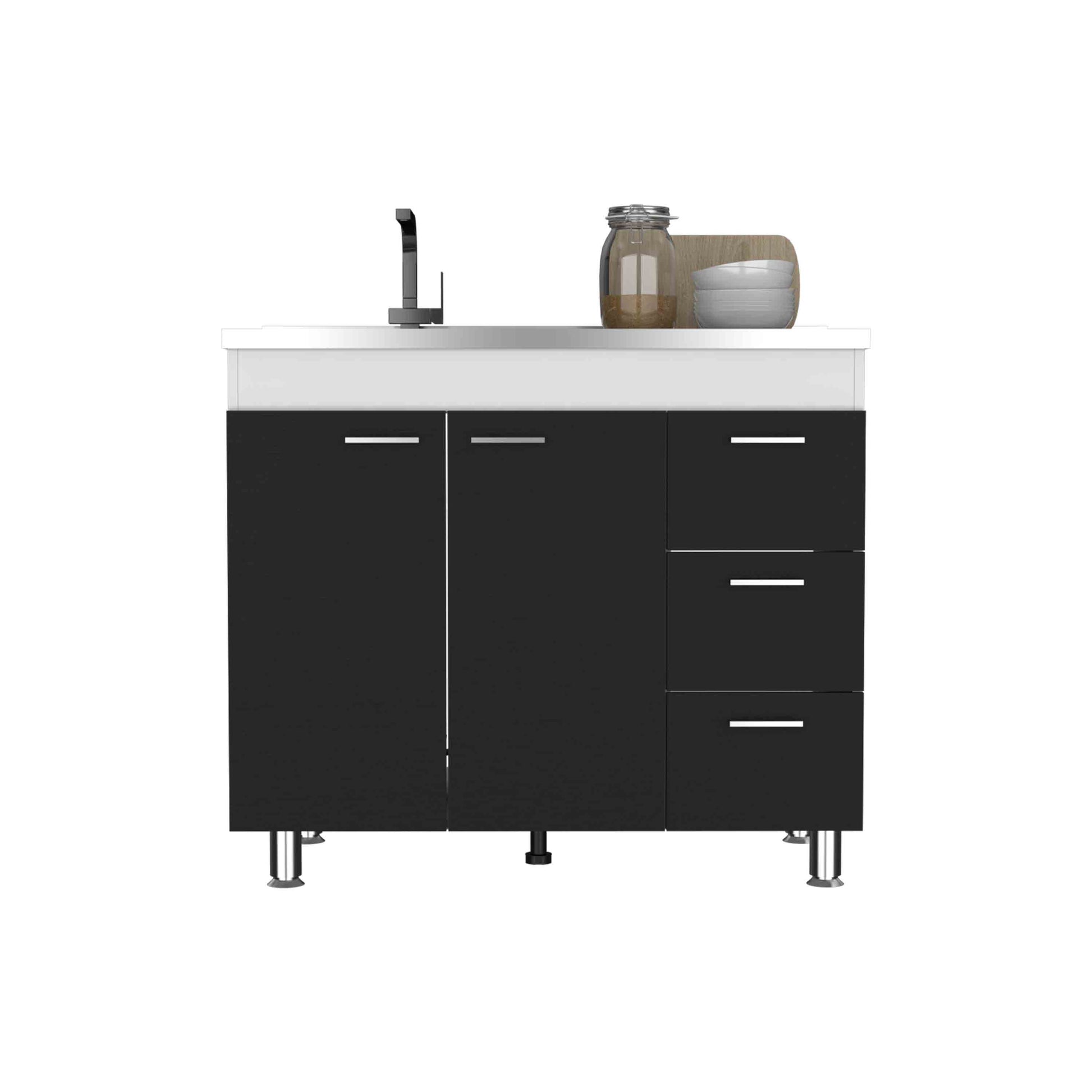 Base Double Door Cabinet, Three Drawers, White Black Multicolor Solid Wood Mdf Engineered Wood