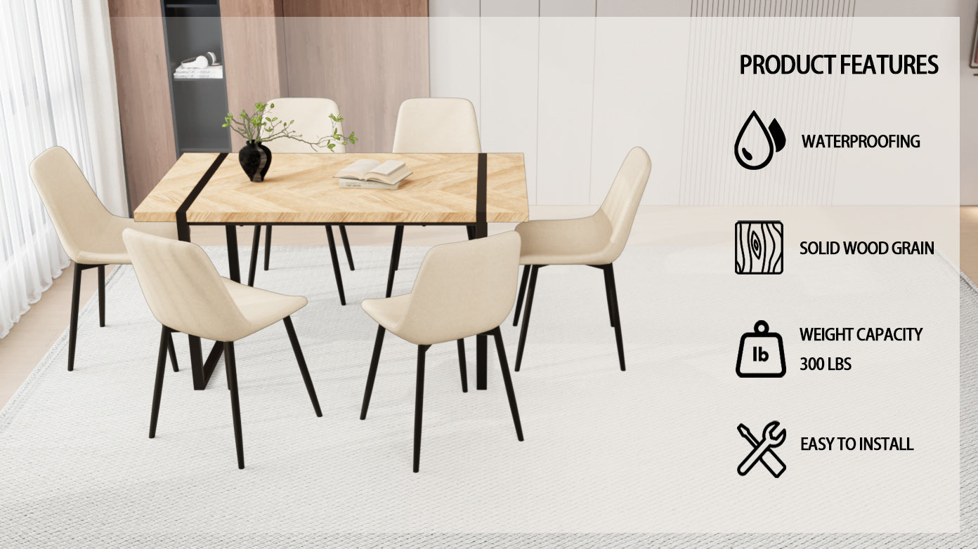 59" Mdf Light Wood Dining Table And Modern Dining Chair 8 Piece Set, Medieval Kitchen Dining Table Set, Rectangular Metal Base, Dining Table And Suede Chair Beige Buy 6 Chairs And Get 2 Free Beige