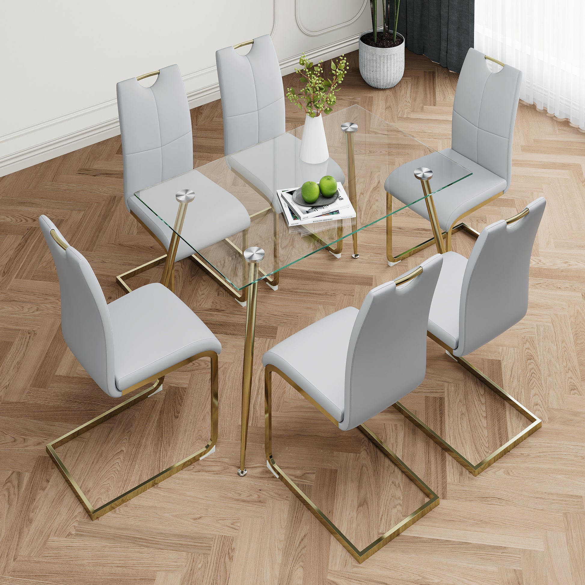 Modern Simple Rectangular Glass Dining Table, Wear Resistant Tempered Glass Countertop, Gold Plated Legs, Grey Pu Dining Chair Set, Suitable For Restaurant Kitchen Use Set Of 7 Upholstered Chair