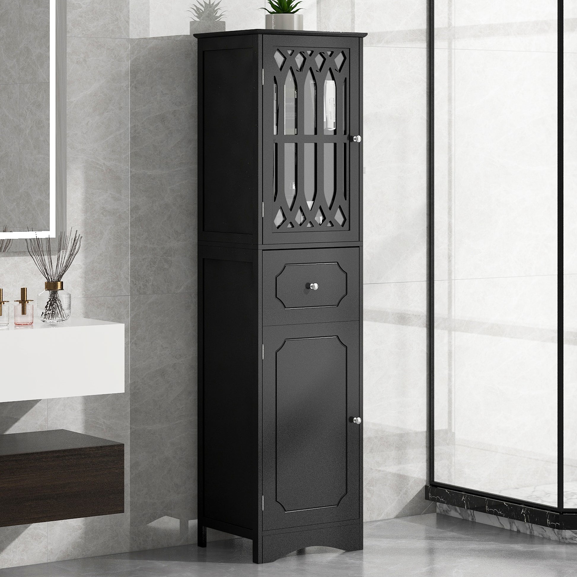 Tall Bathroom Cabinet, Freestanding Storage Cabinet With Drawer And Doors, Mdf Board, Acrylic Door, Adjustable Shelf, Black Black Mdf