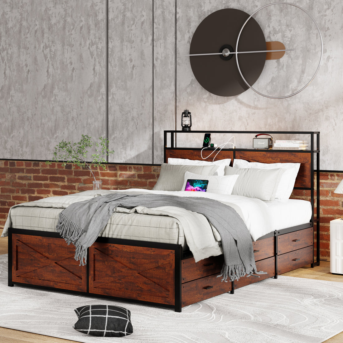 Queen Bed Frame With Storage Headboard And 12 Drawers Led Lights, Metal Platform Non Slip Without Noise Mattress Foundation Strong Metal Slats Support,No Box Spring Needed Box Spring Not Required Queen Rustic Brown Metal Brown Bedroom Bed Frame Wood